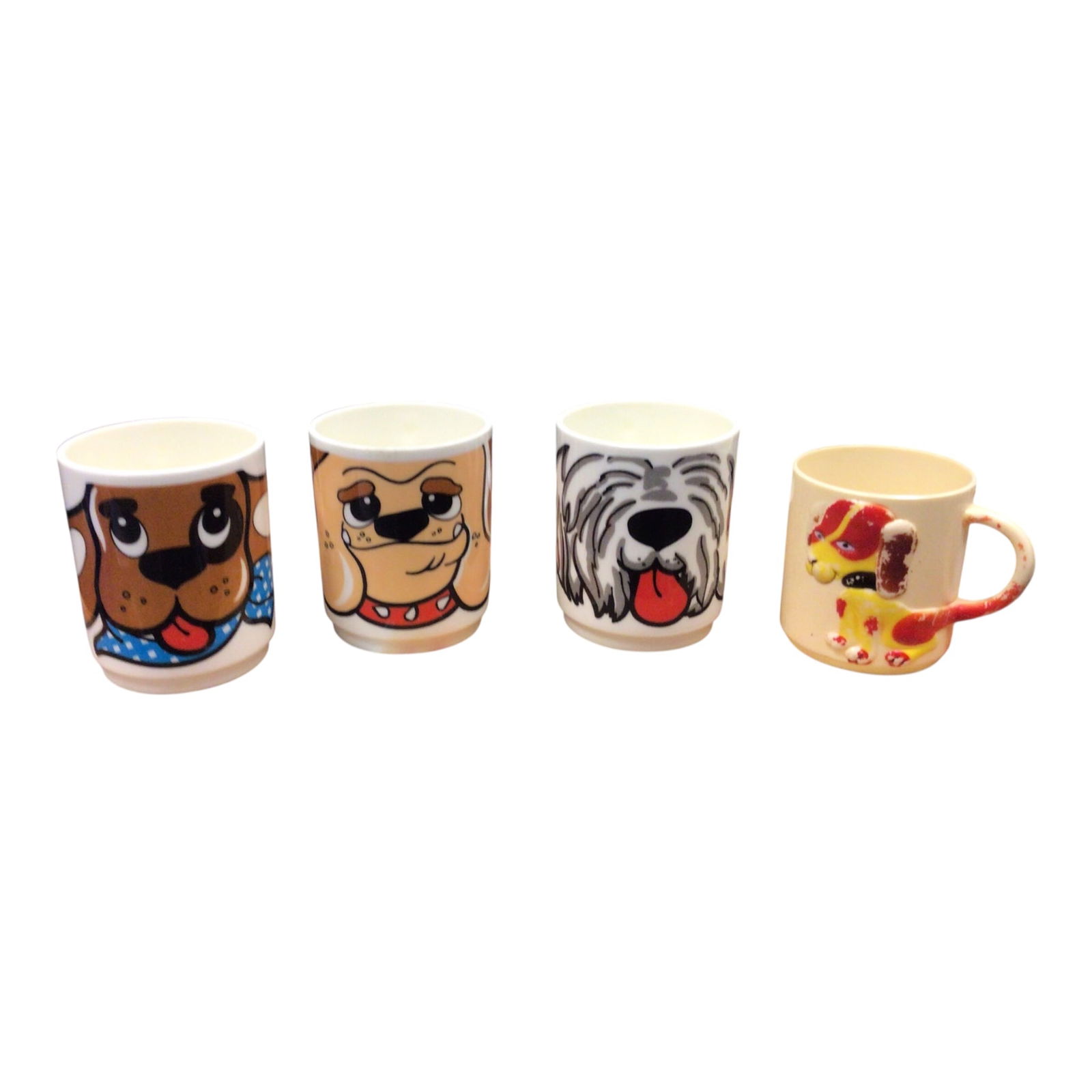 Set of Four Novelty Dog Mugs: Bring some canine character to your kitchen with this whimsical set of four novelty dog-themed mugs. Each ceramic mug features a different cartoon-style dog design in colorful, playful detail. One mug
