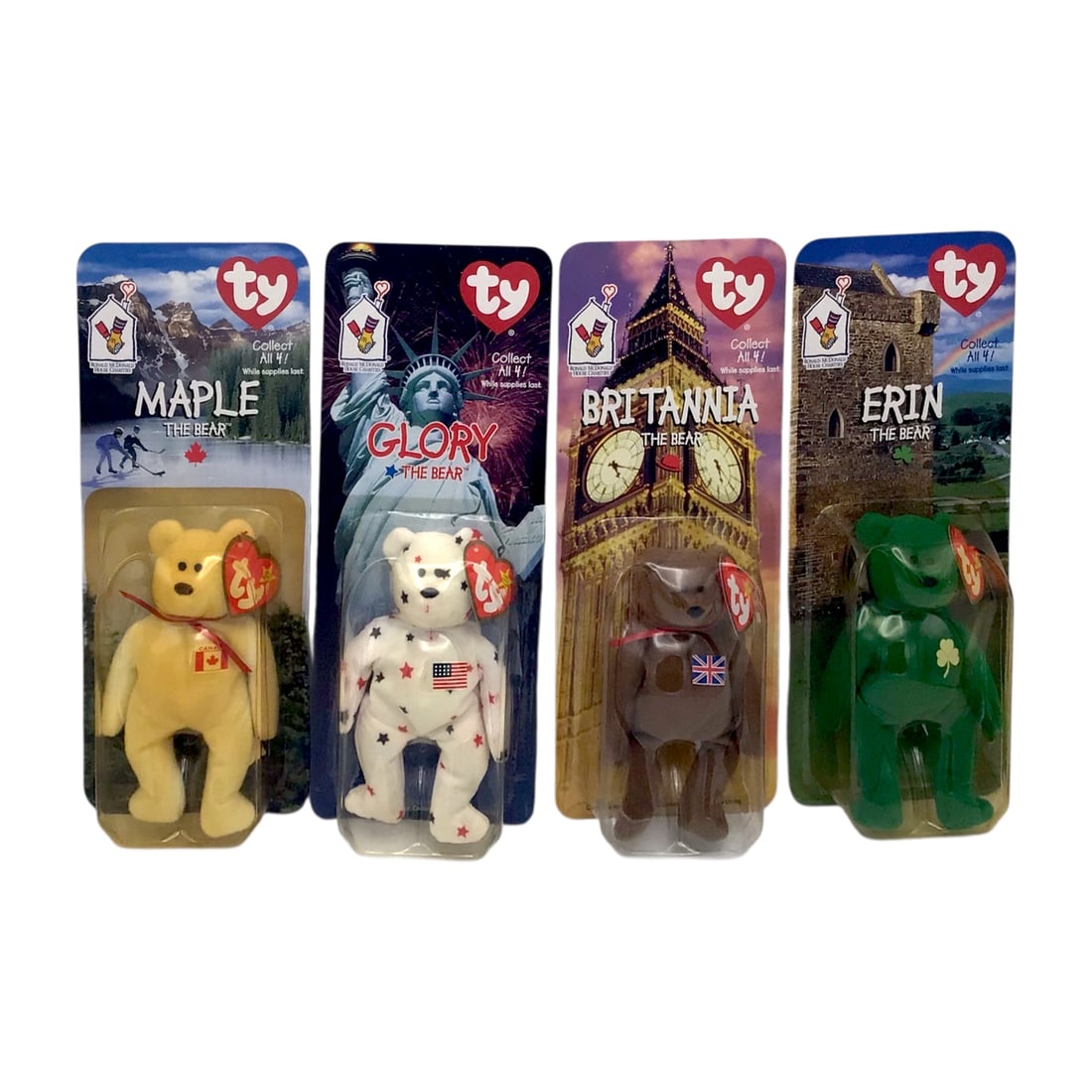 Ty Beanie Babies International Bears Set of 4 - NWT (McDonald's Promotion): This set includes four Ty Beanie Babies International Bears: Britannia, Erin, Maple, and Glory, all from the popular McDonald's promotional line released in the late 1990s and early 2000s. Each bear r