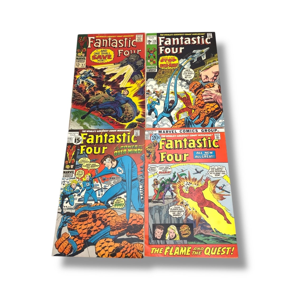 Fantastic Four Raw Comic Book Lot (4 Issues): This lot includes four classic issues of Marvel's Fantastic Four, the title that launched the Marvel Age of Comics. Included are Issues #62 (May), #114 (Sept), #115 (Oct), and #117 (Dec), each offerin