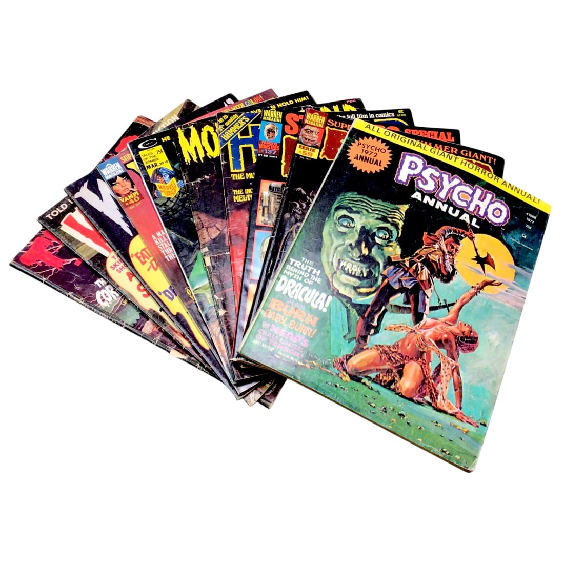 Vintage Horror Comics Raw Magazine Collection (10+ Issues): A substantial lot of vintage horror and monster-themed comic magazines from the 1970s, including cult-classic titles such as Psycho Annual, Eerie, Famous Monsters of Filmland, Halls of Horror, Monster