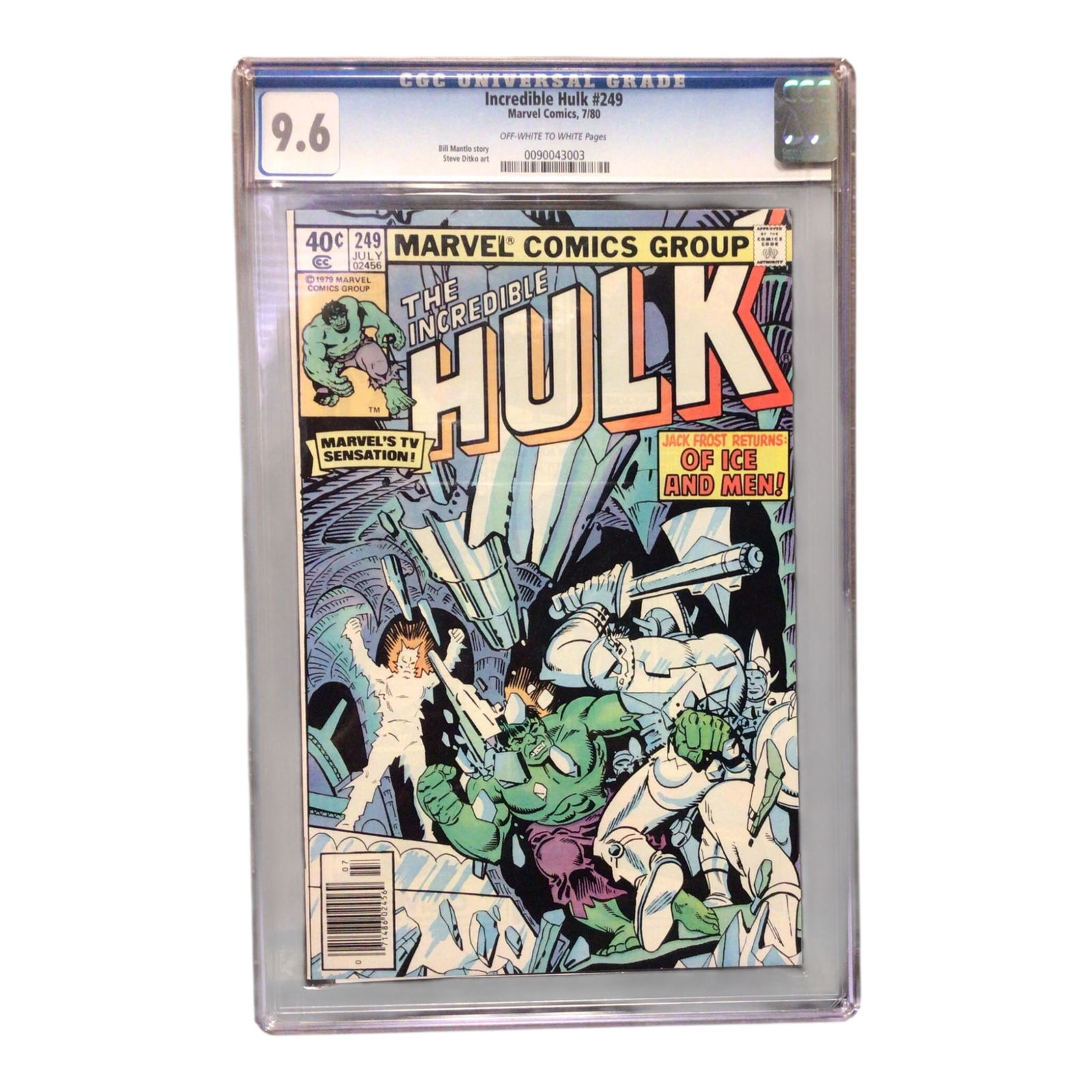 The Incredible Hulk #249 (Marvel Comics), CGC 9.4 - First Appearance of Jack Frost: A CGC graded 9.4 Near Mint copy of The Incredible Hulk #249, published in 1980 by Marvel Comics. This key issue marks the first appearance of Jack Frost, a lesser-known yet compelling character in Hul