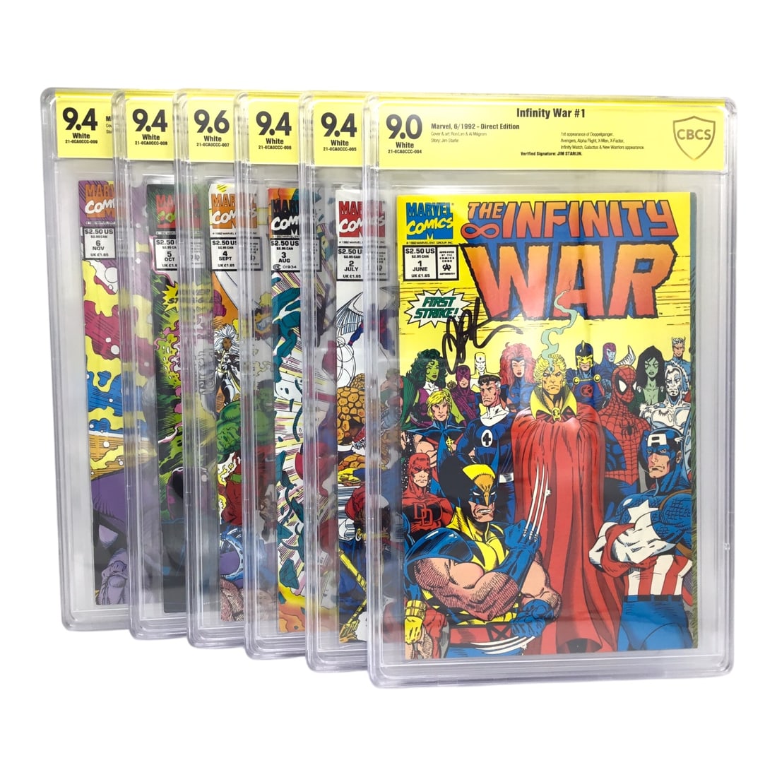 Marvel Comics - The Infinity War Complete 6-Issue Set (1992) All Signed by Jim Starlin & 9.0+ Graded: Own the complete 6-issue run of Marvel's The Infinity War (1992), each one personally signed by legendary creator Jim Starlin and professionally graded by CBCS. This exceptional collection includes Is