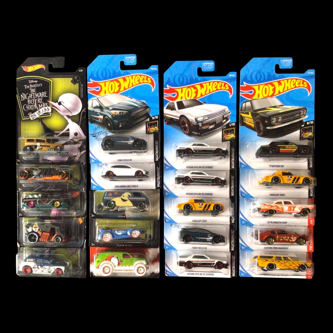 Hot Wheels Collection: Nightburnerz, HW Flames & Nightmare Before Christmas Series: This multi-pack collection features four sealed Hot Wheels sets, each containing five cars from some of the brand's most popular and visually striking lines, Nightburnerz, HW Flames, and the Nightmare