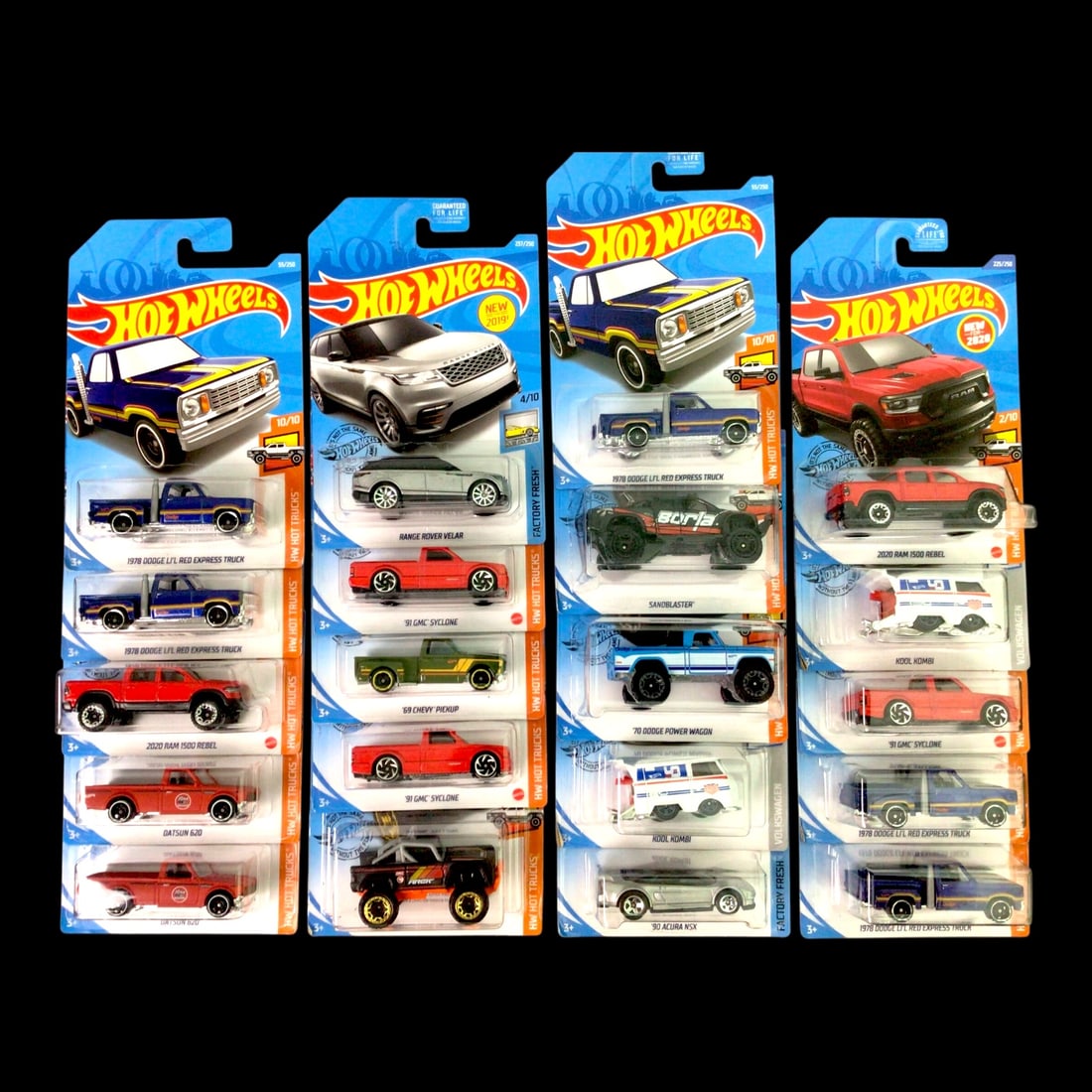 Assorted Hot Wheels Cars Trucks & More - 20 Cars New in Box: This curated lot features 20 Hot Wheels vehicles in factory-sealed packaging, offering a hand-picked selection of standout castings. Notable inclusions: the 1978 Dodge Lil' Red Express Truck, '69 Chev