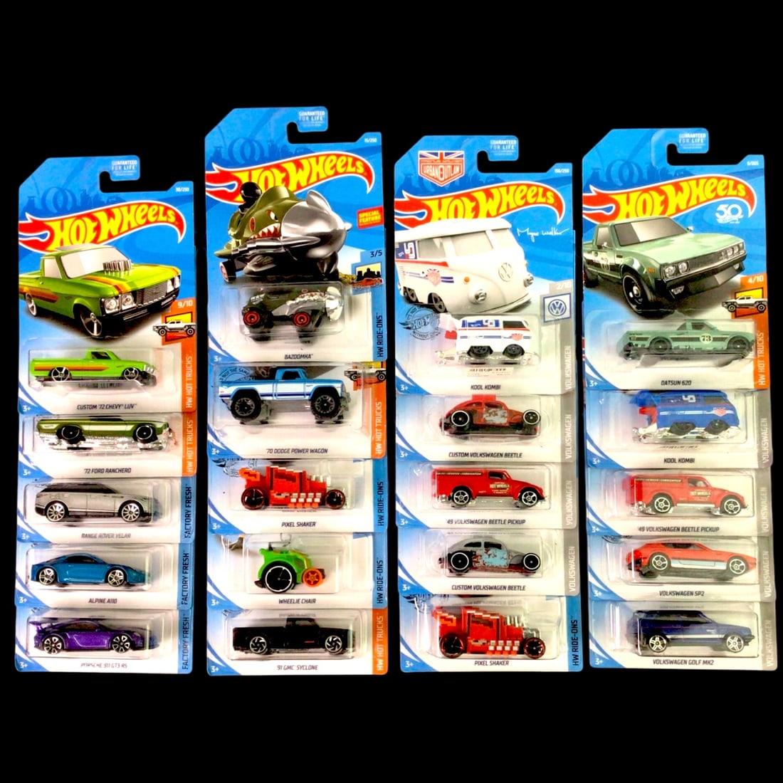 Hot Wheels Assorted Car Collection Lot of 20: A versatile bundle of 20 Hot Wheels cars, all factory-sealed in their original blister packs. This collection includes a range of models and series, ideal for anyone looking to add variety to their li