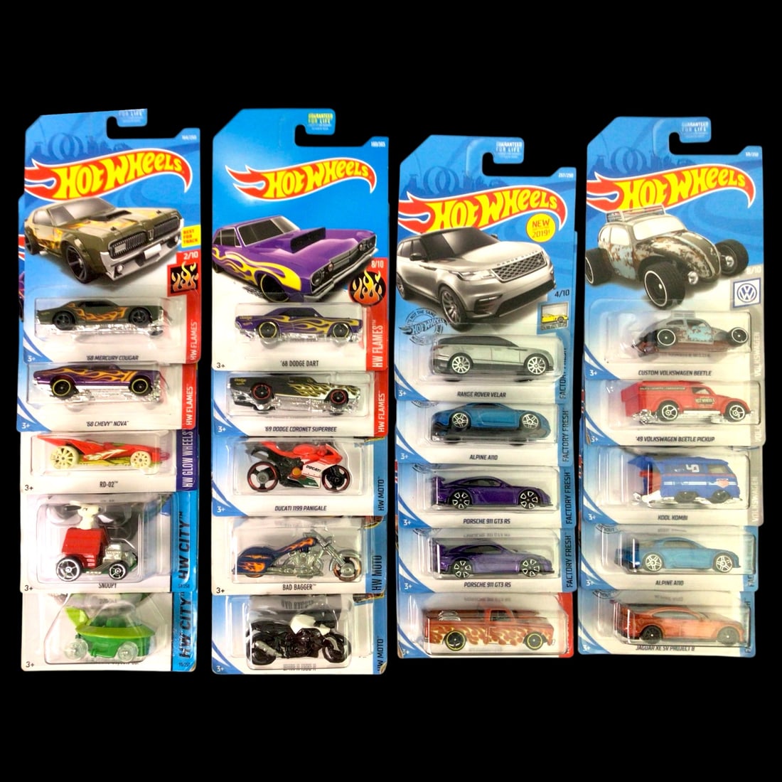 Lot of 20 Assorted Hot Wheels Cars - NIB: Offered here are four unopened Hot Wheels five-packs, totaling 20 die-cast vehicles across multiple design themes. From muscle cars to lifted off-roaders and concept speedsters, each pack delivers sig