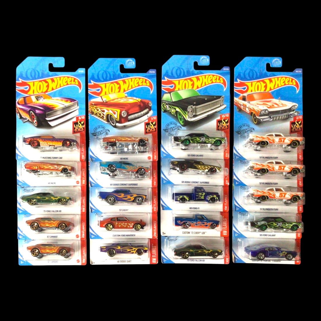 20 Hot Wheels HW Flames Series Die-Cast Car Collection: A fire-breathing bundle of Hot Wheels heat! This collection showcases 20 vehicles from the iconic HW Flames line, known for its eye-popping colorways, flame-deco graphics, and aggressive styling. Each