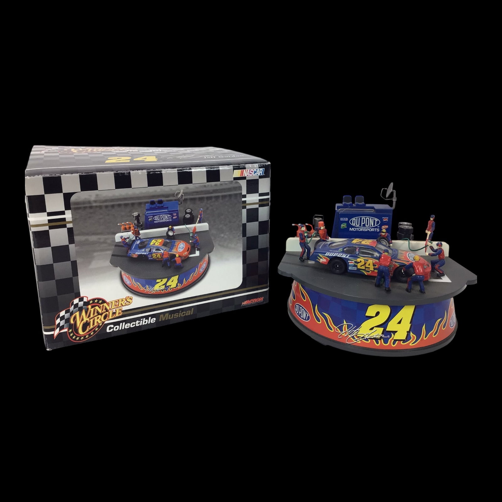 Winners Circle Jeff Gordon #24 NASCAR Musical Collectible: Celebrate one of NASCAR's most legendary drivers with this Jeff Gordon #24 Musical Collectible by Winner's Circle. Featuring his iconic Dupont car cast in die-cast metal and mounted in a display-ready