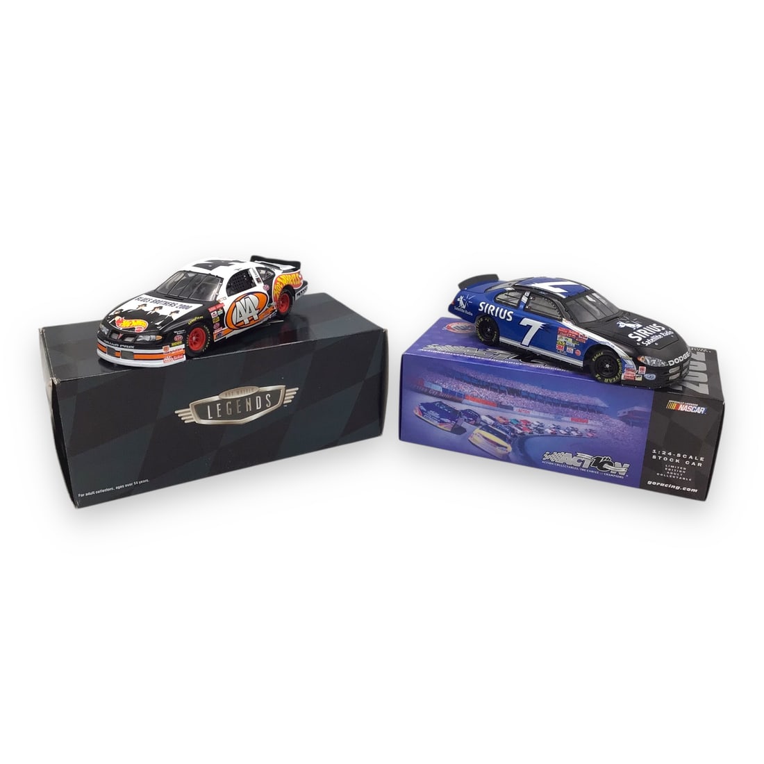 Two 1:64 Scale NASCAR Die-Cast Cars - Blues Brothers & Sirius Radio: This small but mighty lot includes two 1:64 scale NASCAR race cars: the #44 Blues Brothers 2000-themed car and the #7 Sirius Satellite Radio car. Each model is housed in its original packaging and ref