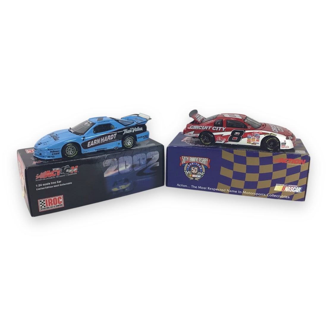 Two NASCAR 1:24 Scale Die-Cast Collectible Cars: This boxed pair of 1:24 scale NASCAR die-cast models showcases two of racing's most recognizable names: Dale Earnhardt Jr.'s Circuit City 50th Anniversary car (#8) and Steve Park's Pennzoil #1. Each c