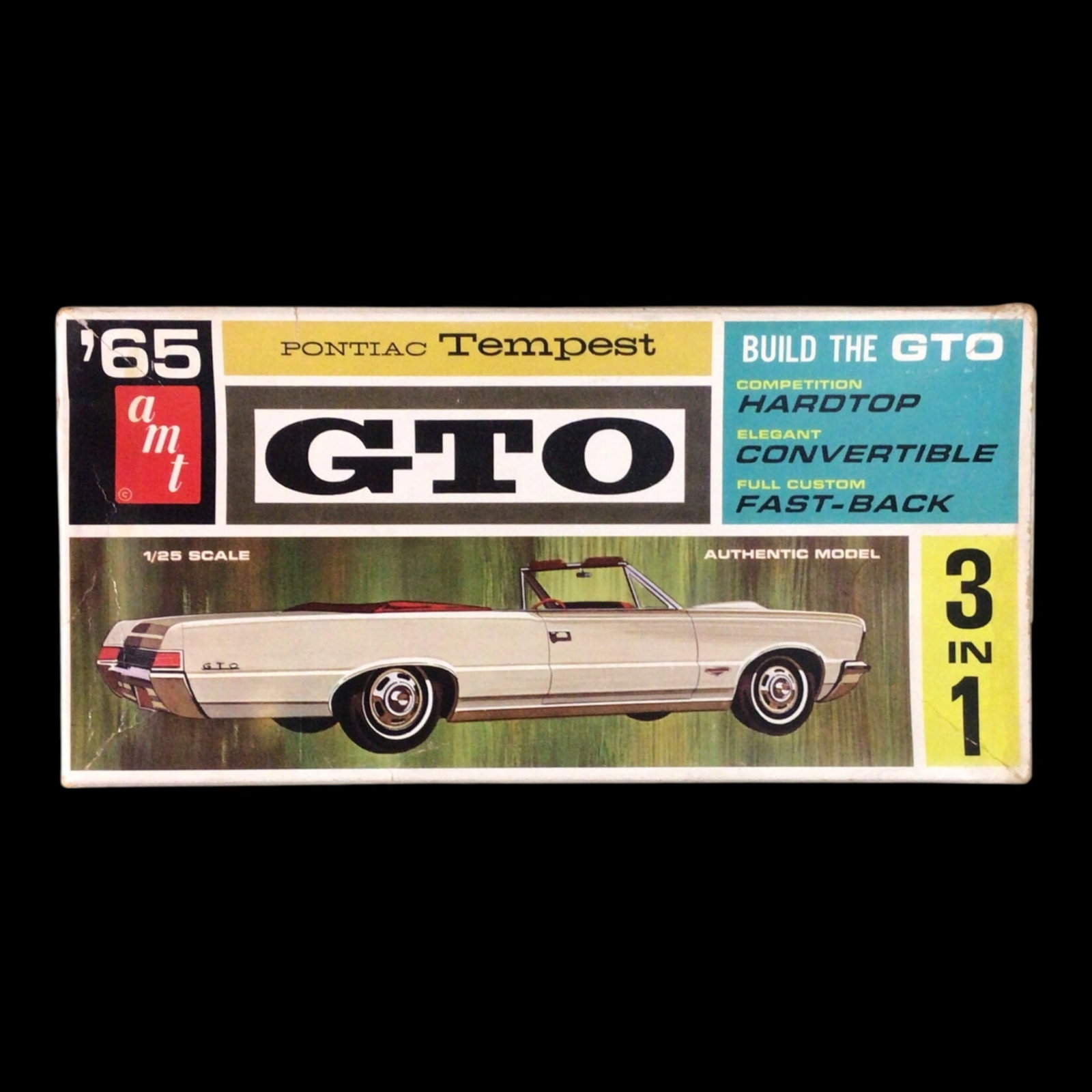1965 AMT Pontiac Tempest GTO 3-in-1 Model Kit - 1:25 Scale: A true gem from AMT's golden age, this 1965 Pontiac Tempest GTO 3-in-1 customizing kit allows for stock, custom, or racing builds in 1:25 scale. With crisp molding, period-accurate parts, and classic 