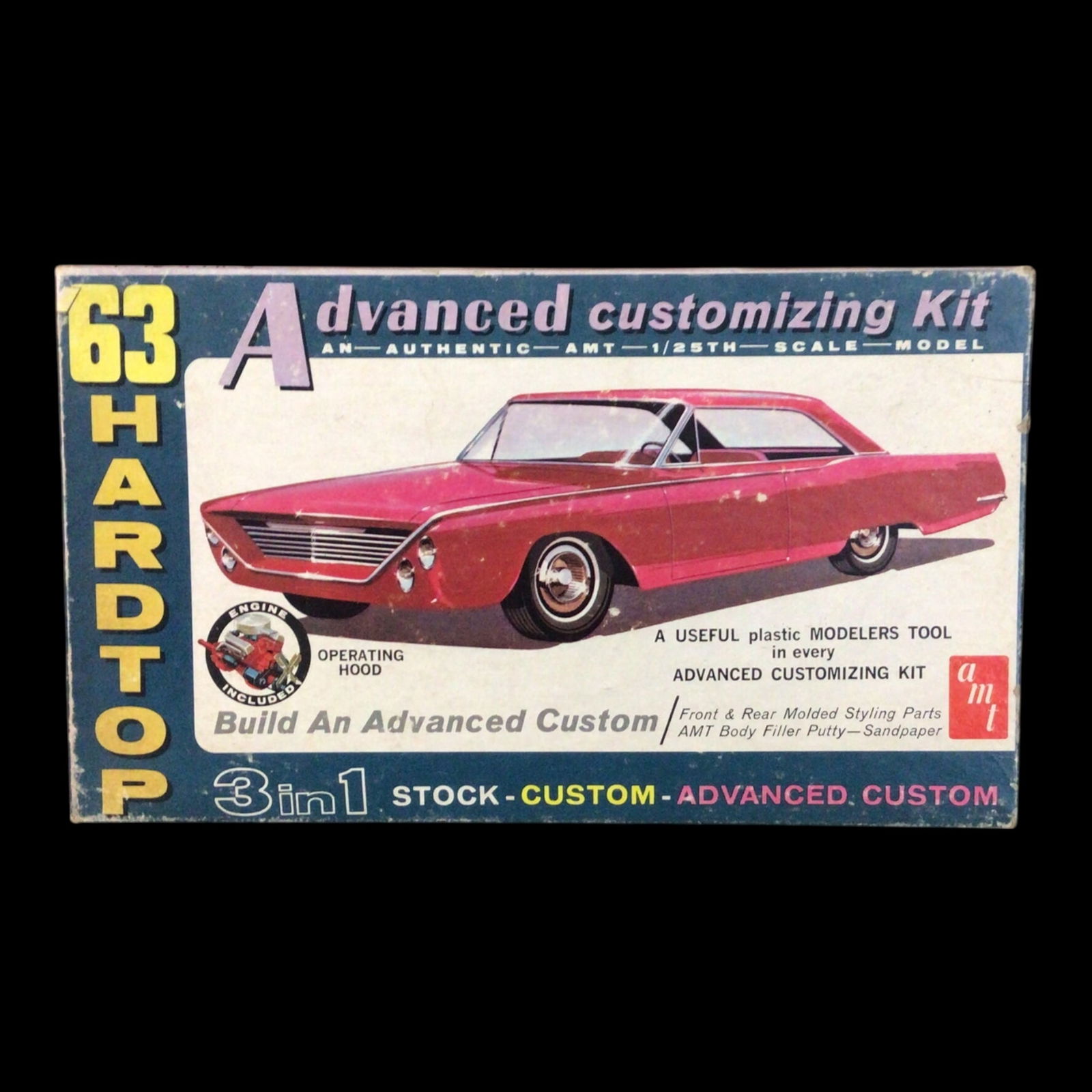 1963 AMT Hardtop Advanced Customizing Kit - 1:25 Scale Model: This original AMT '63 Hardtop Advanced Customizing Kit represents a snapshot of 1960s car culture in scale model form. Known for its versatility, this kit includes components for multiple builds, stoc
