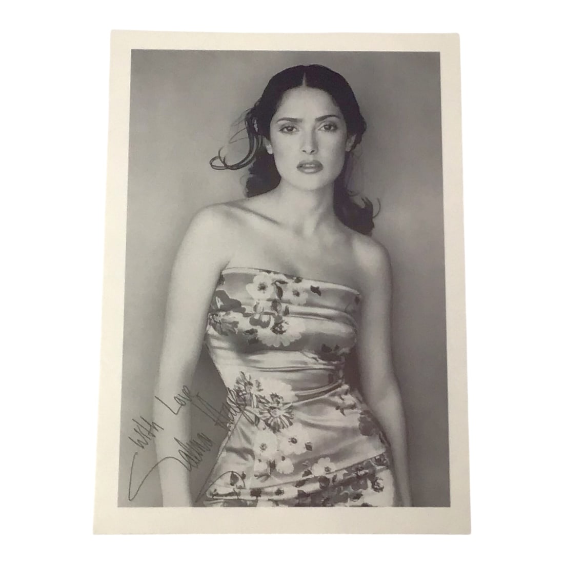Salma Hayek Signed Photograph and Personal Letter - Early Photo signed!: A rare pairing from one of Hollywood's most beloved stars, this lot includes a black-and-white photograph of Salma Hayek signed "With Love, Salma Hayek," alongside an original letter addressed to he