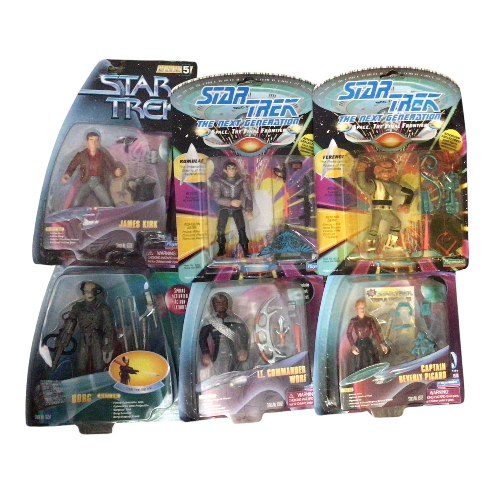 Star Trek Action Figures - Set of Six in Original Packaging: Here is a six-piece lot of Star Trek action figures, each sealed in its original factory packaging. The set includes fan-favorite characters across multiple series: James Kirk, Borg, Romulan, Ferengi,