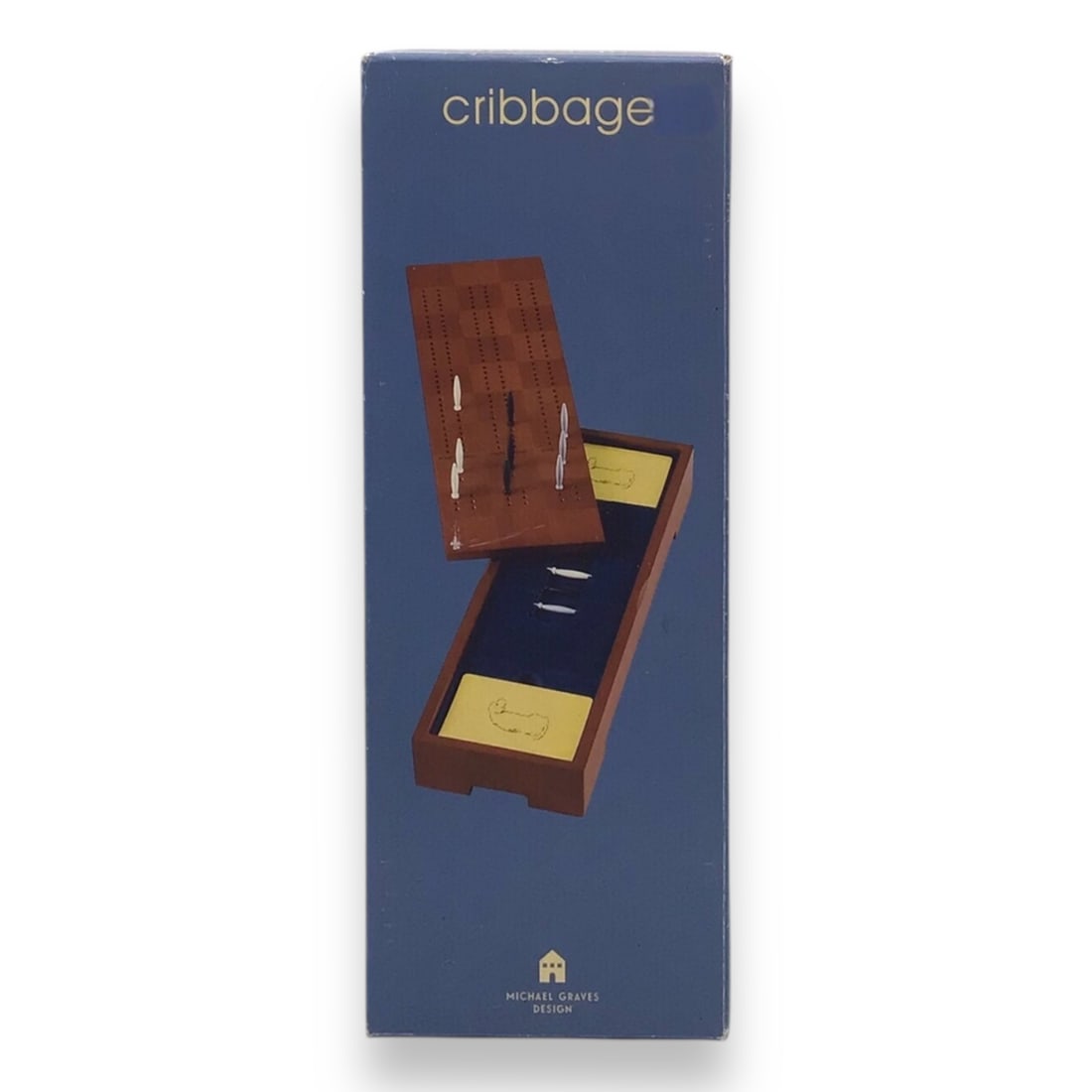 Michael Graves Design Cribbage Set - Hardwood Case, Complete: Elegant cribbage set designed by Michael Graves, housed in a cherry-stained hardwood and veneer case with integrated storage. Includes 4 black, 4 white, and 4 silver pegs, plus 2 matching decks of car