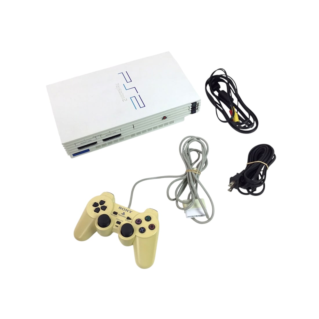 Sony PlayStation 2 PS2 Slim White Console - Functional, May Need Formatting: Offered here is a Sony PlayStation 2 Slim console in the desirable white finish. The set includes a matching white DualShock 2 controller (with light yellowing), AV cables, and power supply. Console p