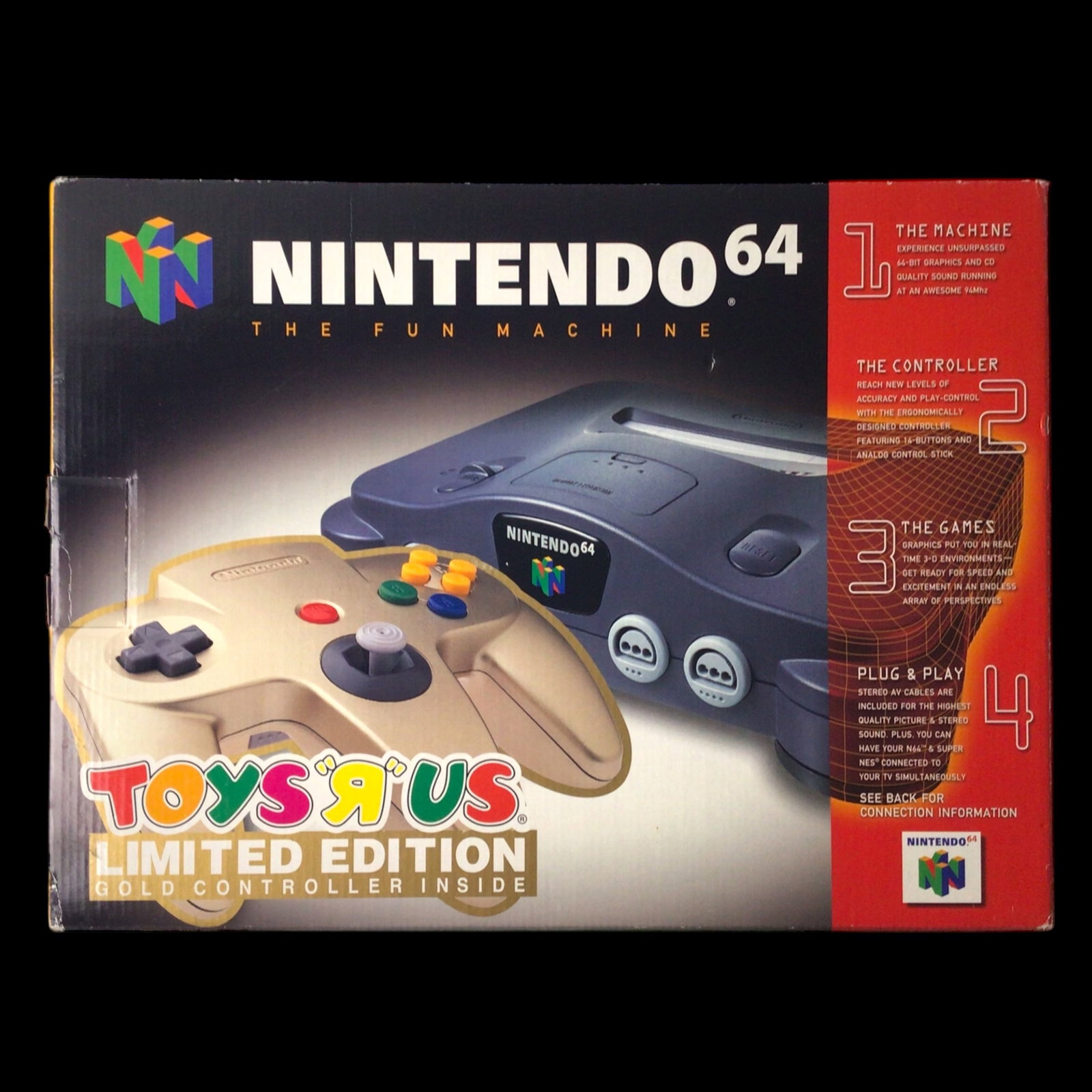 Nintendo 64 Toys "R" Us Limited Edition Console - Box Only: Original box for the Toys "R" Us Limited Edition Nintendo 64 console, an exclusive release through the legendary toy retailer. The box displays moderate wear with softened edges but remains stru