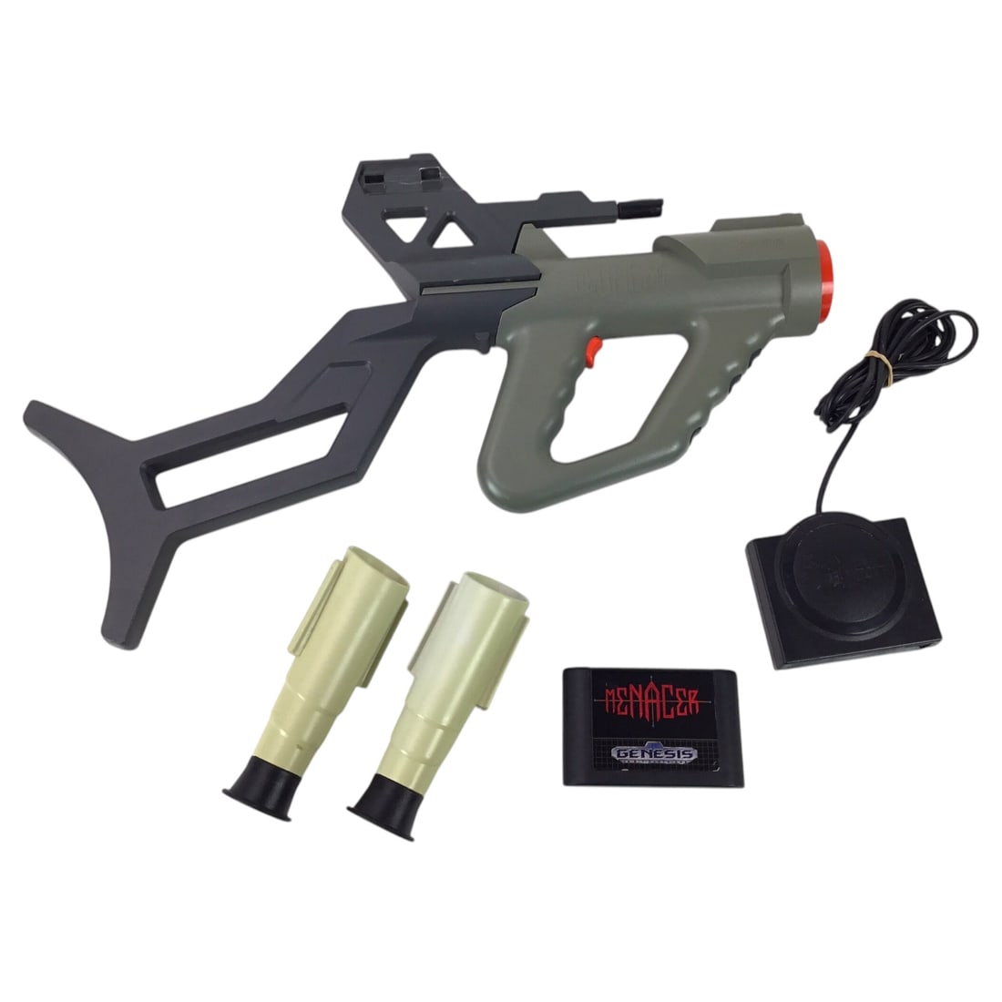 Sega Genesis Menacer Wireless Light Gun with Game - Untested: Sega Genesis Menacer infrared light gun system housed in its original foam tray. The set includes the Menacer body, detachable shoulder stock, two modular sight pieces (note: missing one scope clamp),