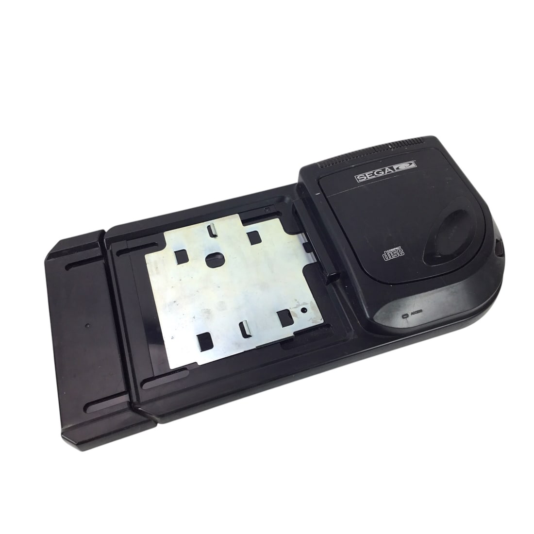 Sega Genesis with Sega CD Model 2 and Base Extension - Untested: Lot featuring a Sega Genesis paired with the Sega CD Model 2 add-on and side-mounted base extension tray. The unit shows moderate cosmetic wear and remains untested, but presents as intact and complet