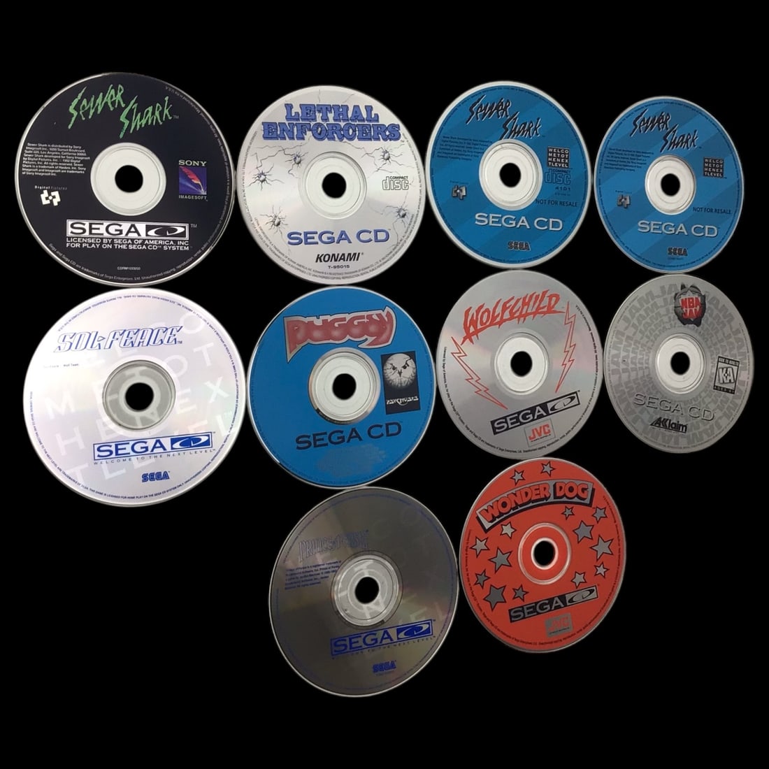 Sega CD Game Collection (10 Discs) - Untested: This lot includes 10 Sega CD titles from the early 1990s, sold untested and as-is. Games include Sewer Shark, Lethal Enforcers, Sol-Feace, Buggy, Wolfchild, NBA Jam, Wonder Dog, Prince of Persia, and 