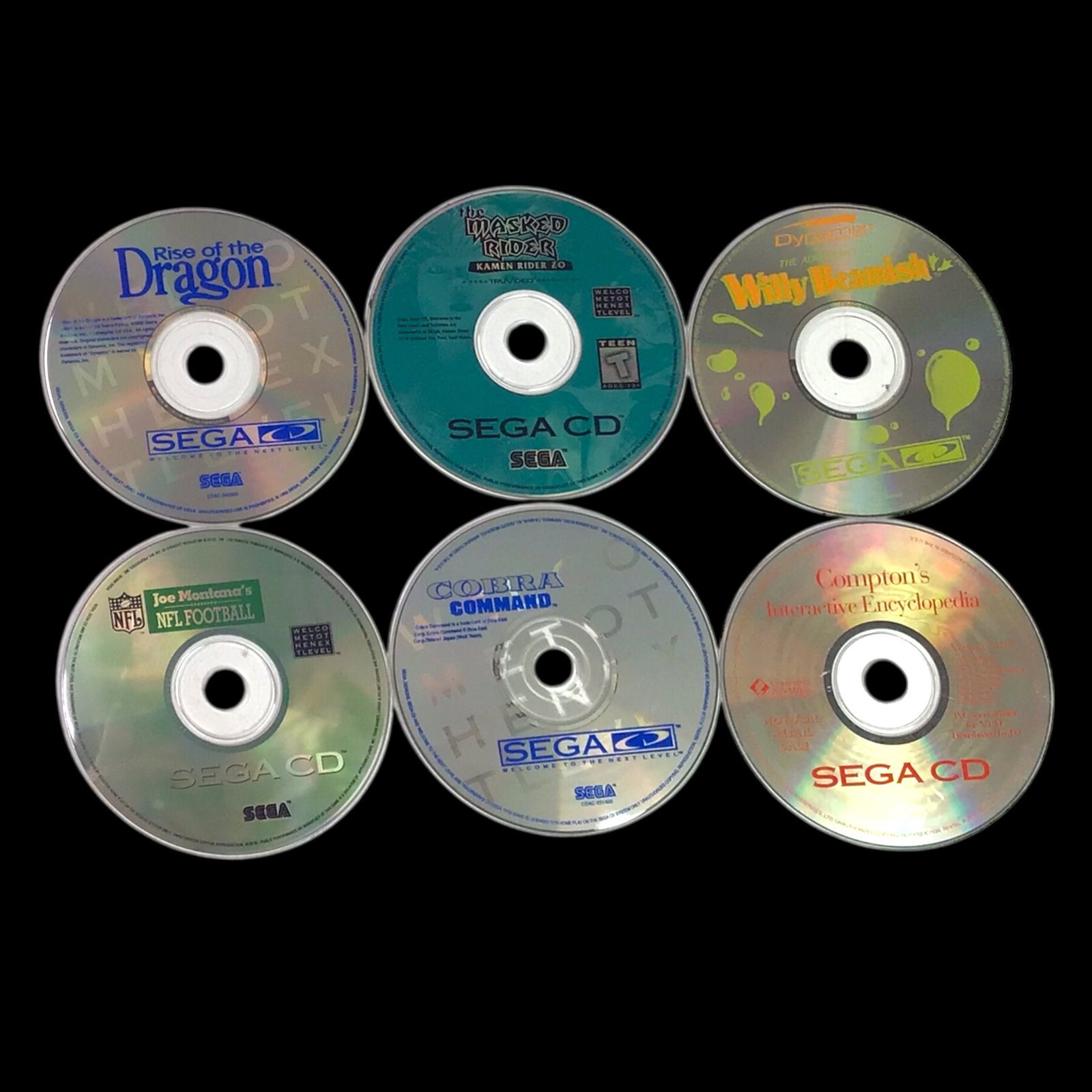 Sega CD Game Collection - 6 Titles: Six-game Sega CD lot featuring Rise of the Dragon, The Masked Rider: Kamen Rider ZO, Willy Beamish, Joe Montana's NFL Football, Cobra Command, and Compton's Interactive Encyclopedia. Games include dis
