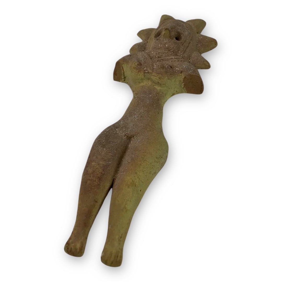 Ancient Indus Valley Harappan Terracotta Fertility Figurine - circa 2000 B.C.E.: A remarkably preserved terracotta fertility figurine from the Indus Valley Civilization, dating to approximately 2000 B.C.E. and measuring 12cm in length. This sculpted figure, crafted in baked clay,