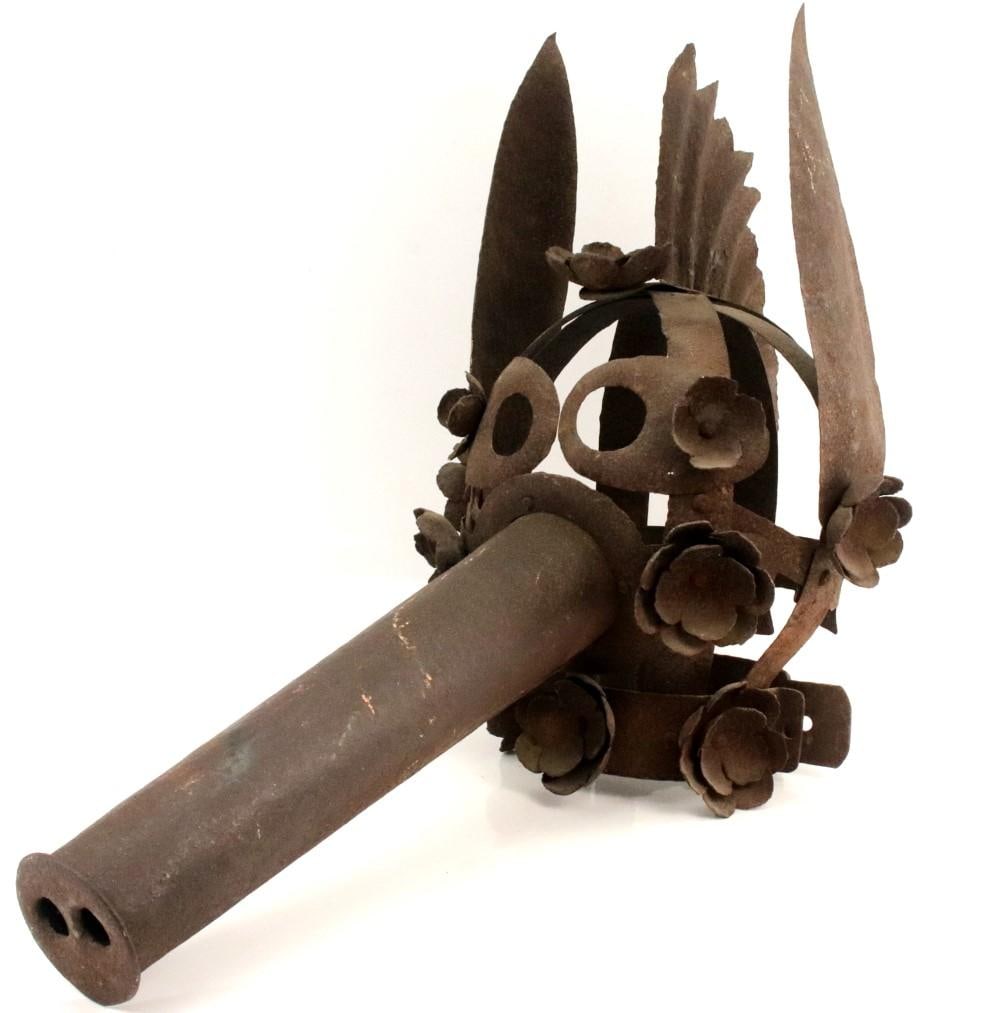 European 16th to 17th Century Scold's Bridle or Mask of Shame with Boar Head Form: This extraordinary 16th to 17th century European scold's bridle, also known as a Mask of Shame, is a rare and chilling artifact of early modern punishment. Crafted entirely of iron, the device is form