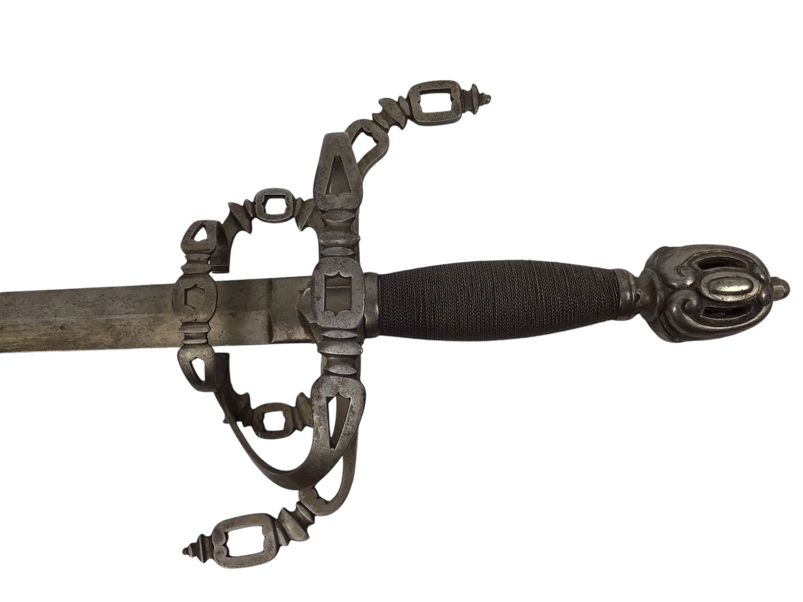 European Renaissance 17th C Rapier with Chain Hilt possibly Victorian: A 17th-century European Rapier, possibly of later Victorian-era construction, featuring a rare chain-hilt design. The rare and elaborate steel hilt showcases an exceptionally ornate design, embodying