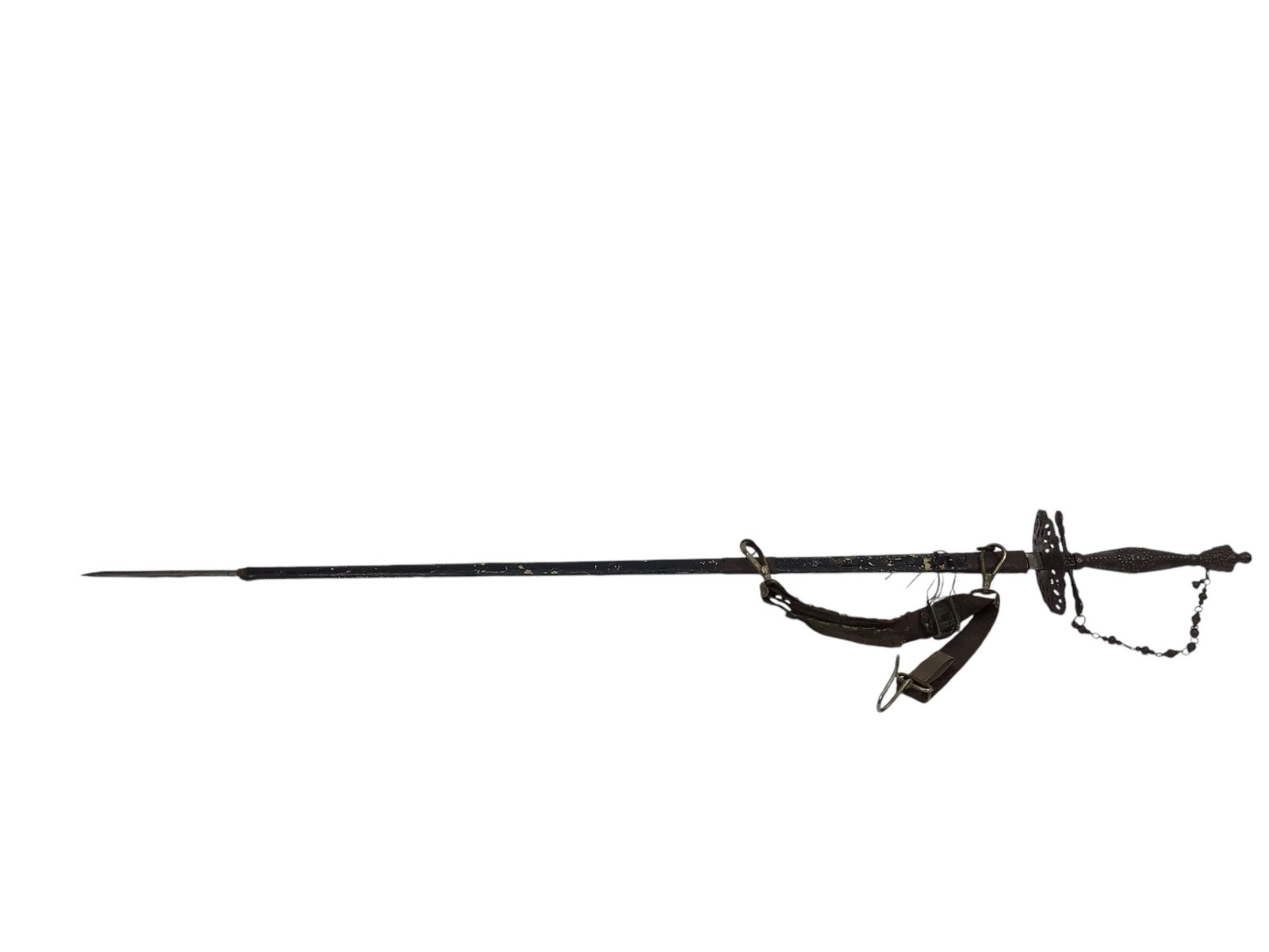 American Revolutionary War French Officer Trefoil Rapier 18th C with Sheath: A rare and elegant 18th-century French Officer's Trefoil Rapier from the American Revolutionary War period. The rapier features a trefoil-shaped unmarked blade, a pierced guard in front of the crossgu