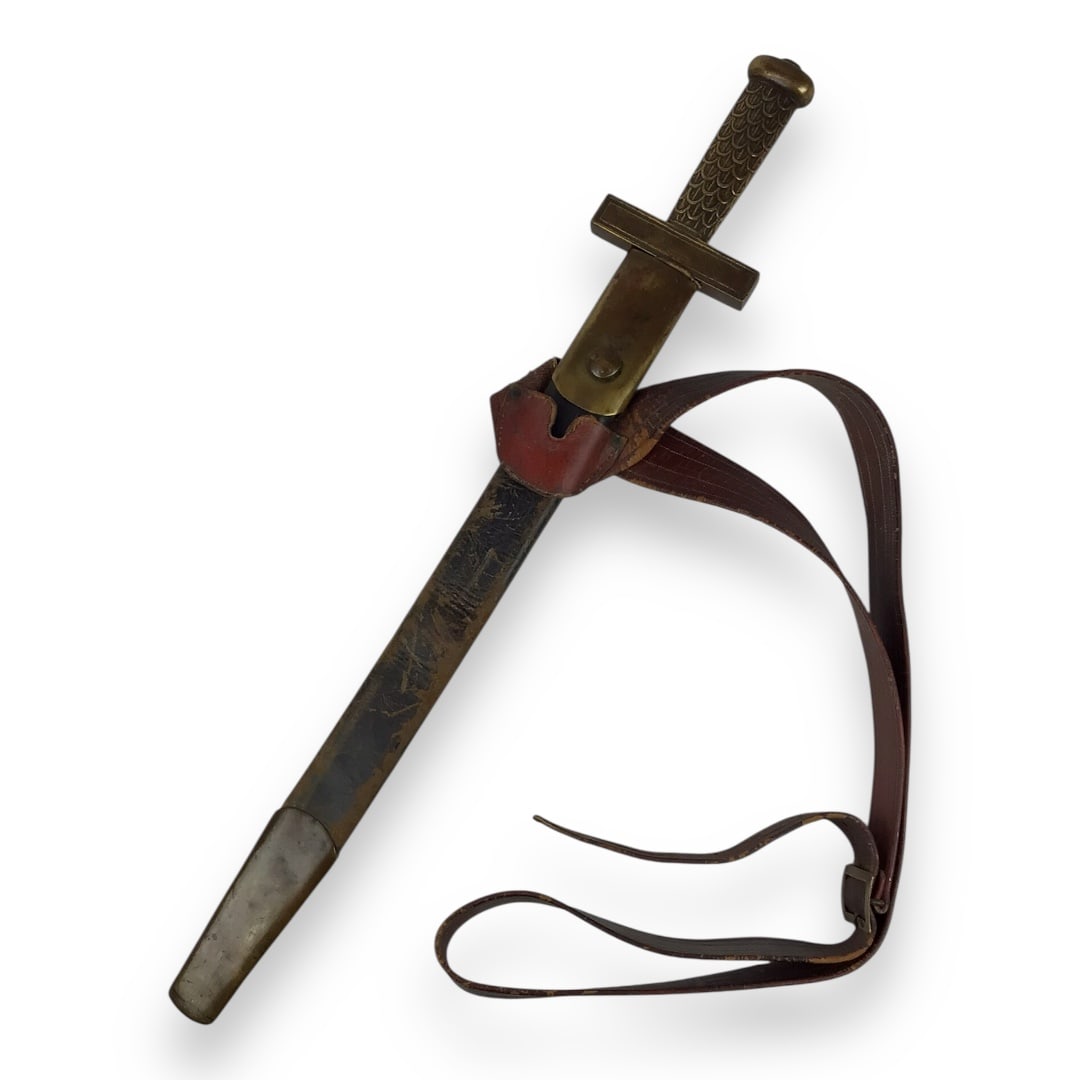 French Model 1794 Sword of the School of Mars with Belt and Scabbard: An exceptional and complete example of the Model 1794 French School of Mars (or March) sword, featuring a straight grip with 12 brass scale segments, a square quillon crossguard, and original saber be