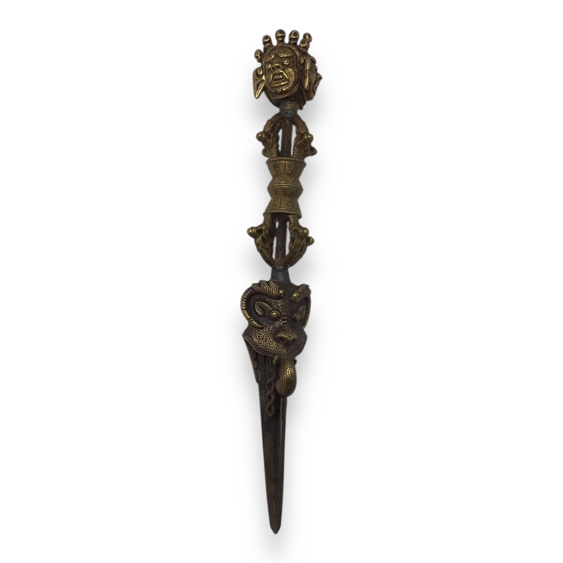 Tibetan Brass Phurba Ritual Dagger with Dharmapala Deities - Triple-Blade Vajra Form (1 of 8)