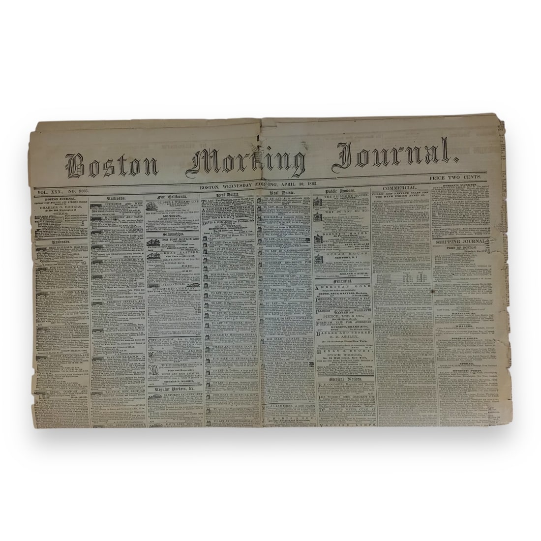 U.S. Civil War Period Newspaper - The Boston Morning Journal April 30th, 1862 (1 of 5)