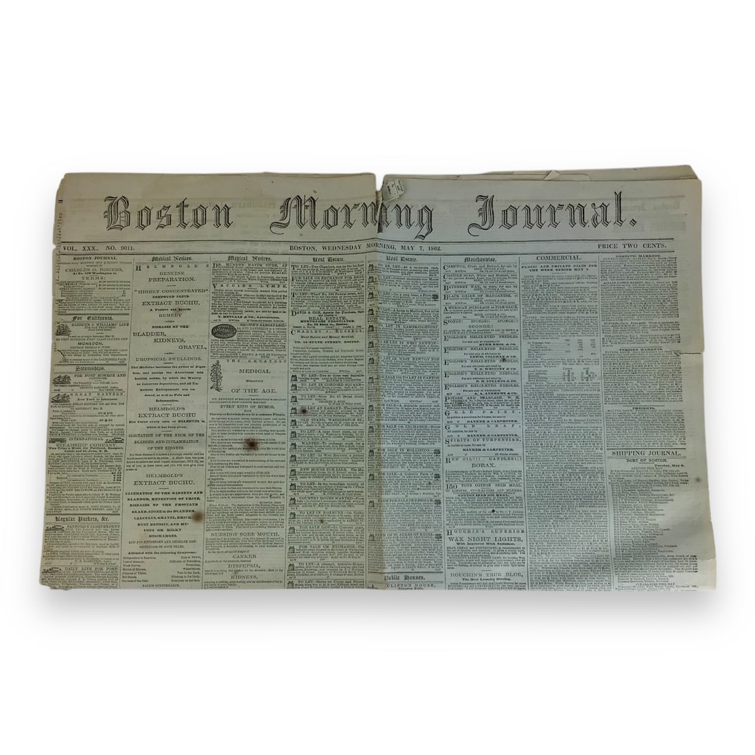 U.S. Civil War Period Newspaper - The Boston Morning Journal May 7th, 1862 (1 of 5)