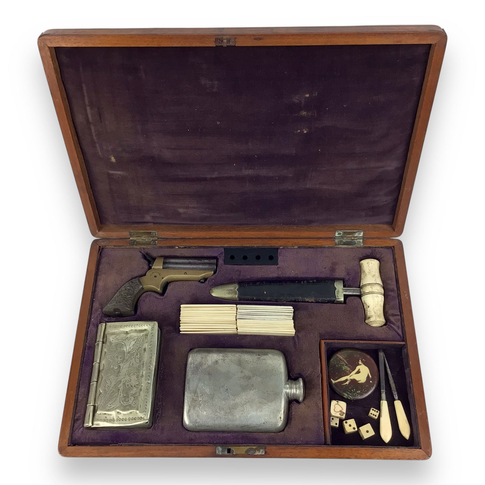 Antique 19th-Century Gamblers Kit with Sharps Four-Barrel Derringer Pistol, Push Knife, Playing (1 of 11)