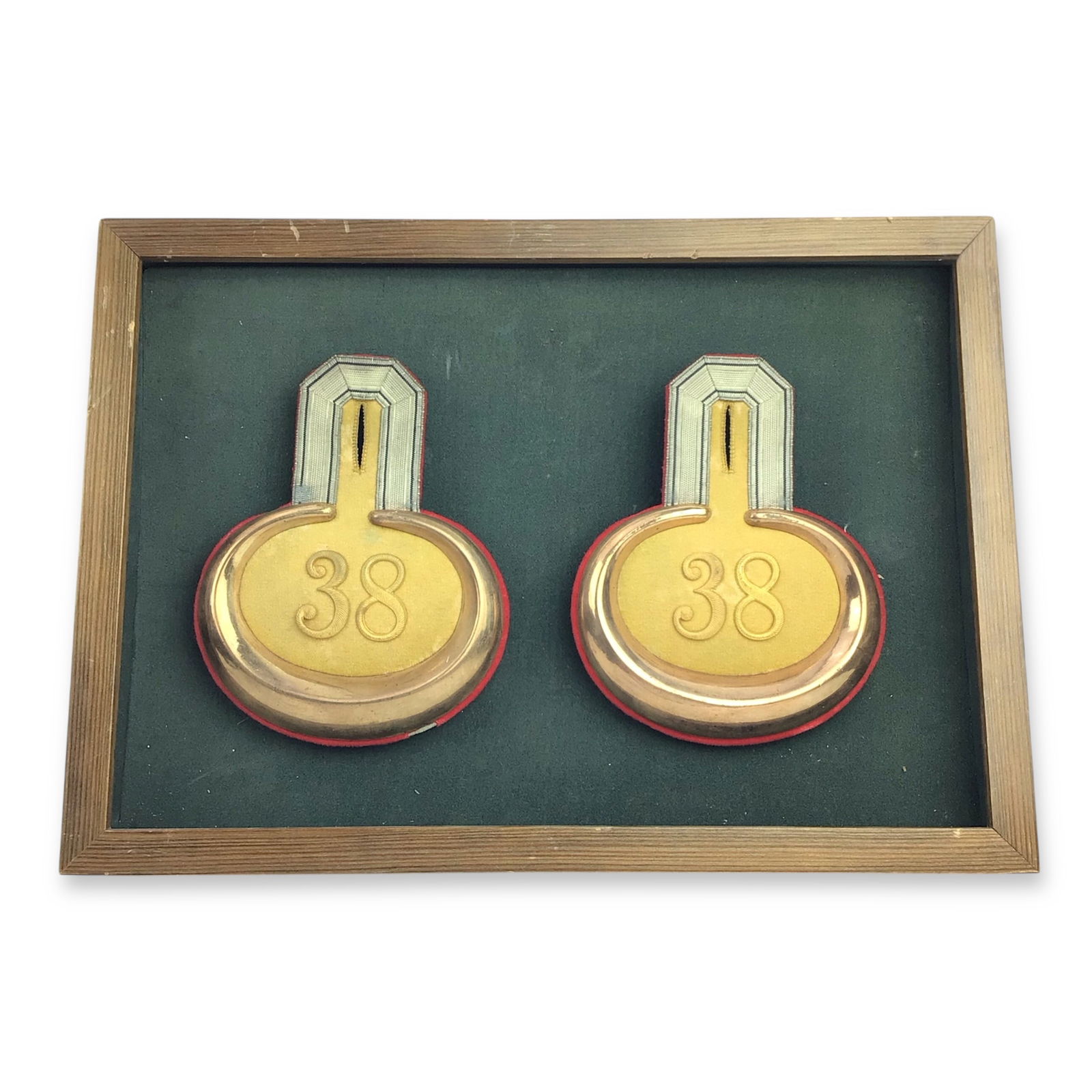 Imperial German WW1 Officer's Epaulettes - Regiment 38: This is a beautifully preserved pair of Imperial German World War 1 Officer’s Epaulettes, each adorned with the number “38”, indicating service with the 38th Infantry Division, a sig
