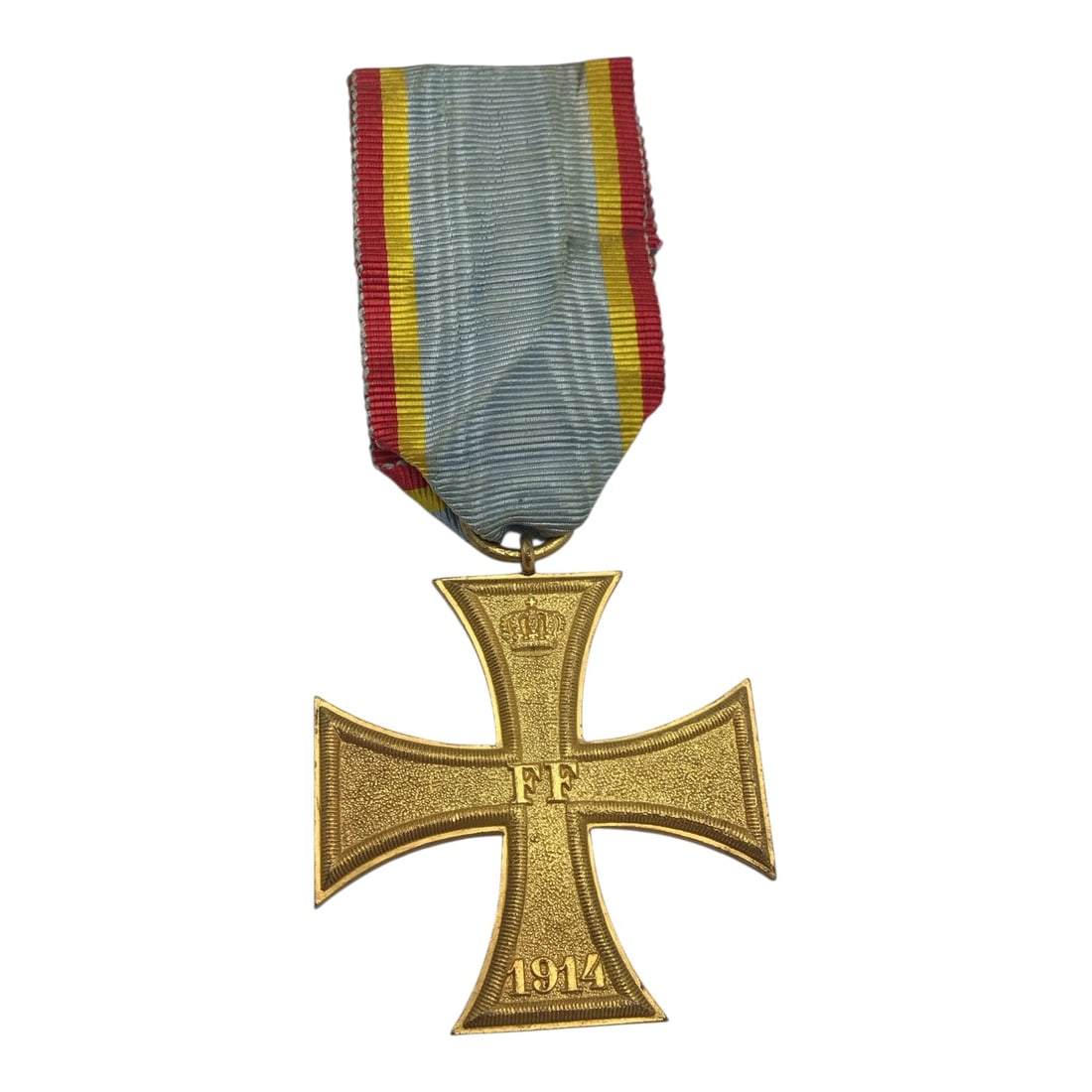 World War 1 Mecklenburg-Schwerin Military Merit Cross Second Class: This historic World War I Mecklenburg-Schwerin Military Merit Cross Second Class is a wartime issue bearing the date 1914 on the lower arm. The cross is composed of gilded bronze and features the FF c