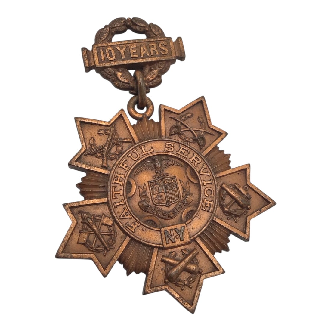 Vintage New York National Guard Long & Faithful Service Medal - 10 Years - Tiffany & Co.: This Vintage New York National Guard Long and Faithful Service Medal is a scarce early example awarded for 10 years of honorable service, distinguished by its very low serial number 536. The medal