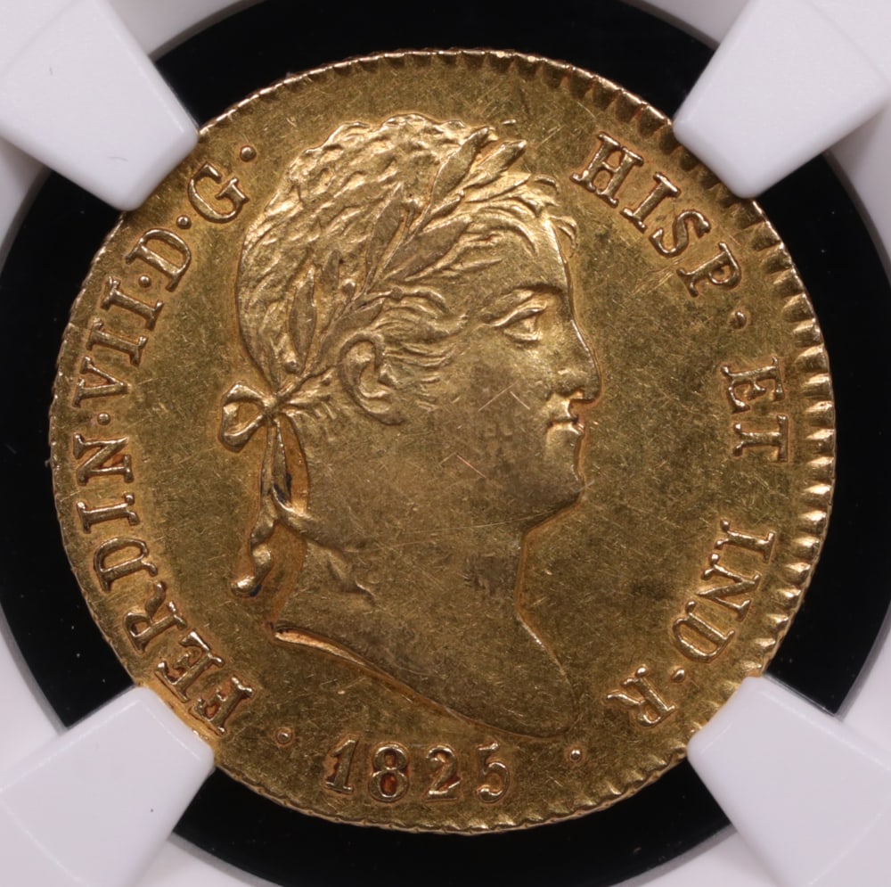 Rare 1825-M 2 Escudos – Ferdinand VII | Madrid Mint! | NGC AU58 (1 of 4)