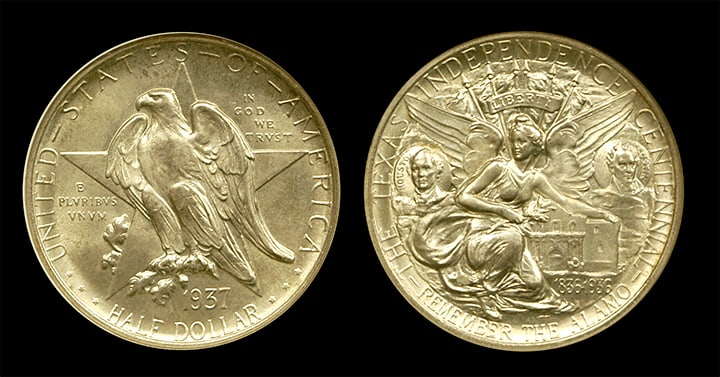 1937 Texas Independence Centennial Commemorative Half Dollar Set - Three-Mint MS66: This exceptional 1937 Texas Independence Centennial three-coin set commemorates the historic events of 1836 and features one example from each issuing mint: Philadelphia, San Francisco, and Denver. Ea