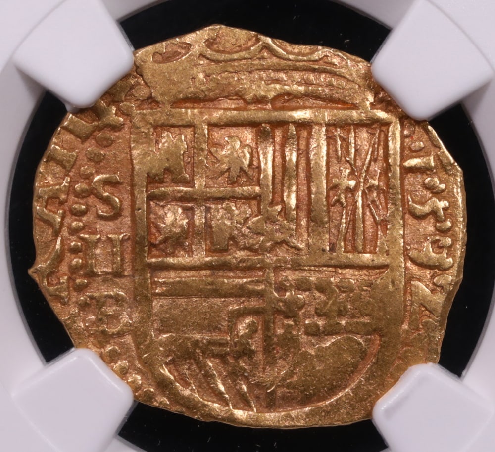 1592 Seville Mint 2 Escudos – Philip II | NGC MS61 | Finest of Five Certified!: This extraordinary 1592 Spanish Gold 2 Escudos, struck at the Seville Mint under King Philip II, is certified NGC Mint State 61 and stands as the outright finest known exa