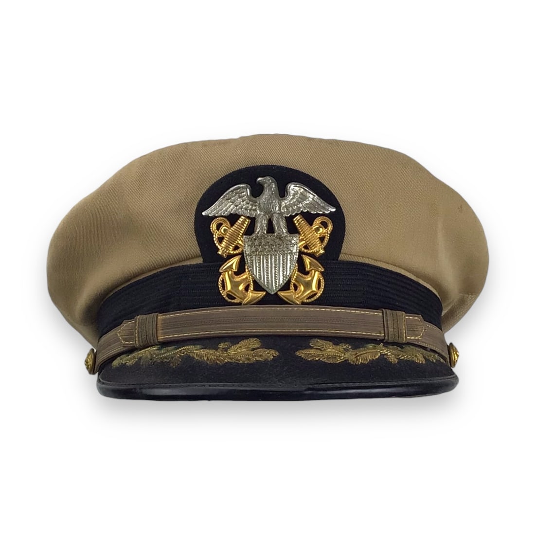 U.S. WW2 Navy Commander Visor Cap | Bancroft Zephyr Khaki Officer Cap: This original World War II United States Navy khaki commander visor cap is a classic example of wartime officer headgear, produced by the highly respected maker Bancroft under their desirable