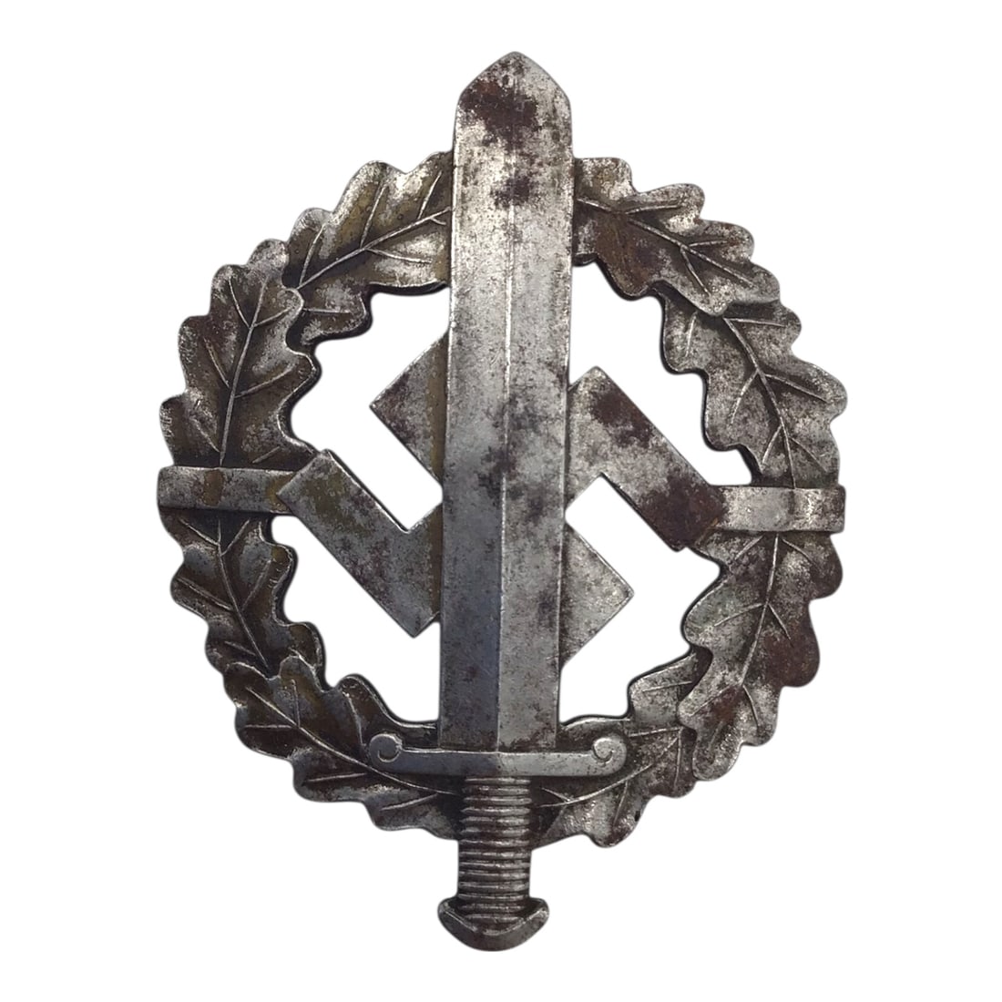 German SA (Sturmabteilung/Brownshirts) Sports Badge In Silver - Marked "KARL HENSLER": This classic German WWII SA Sports Badge in Silver is an original, die-struck magnetic example retaining its silver wash and bearing all correct and desirable reverse markings. The badge is marked wit