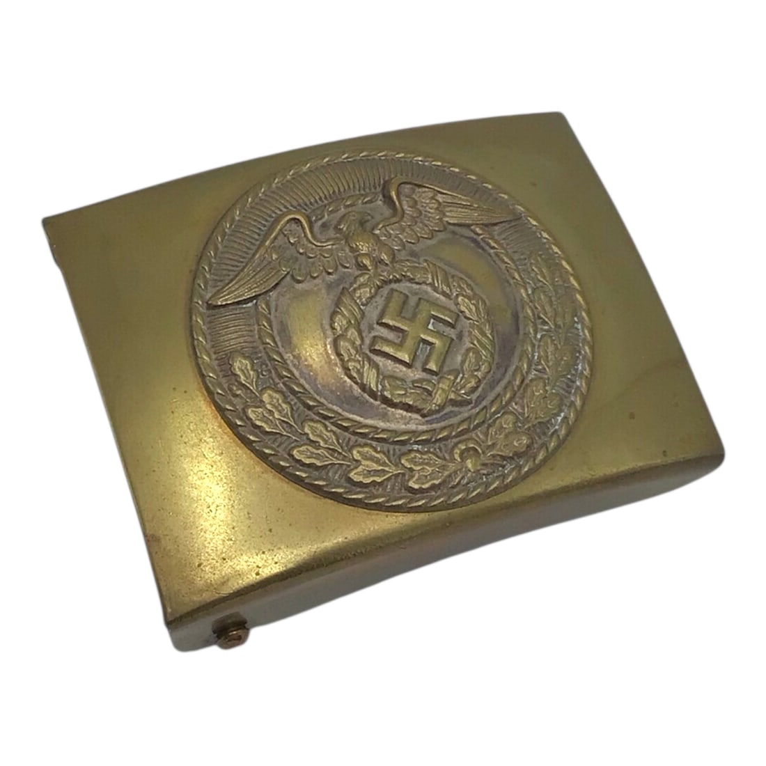 Rare German SA NSDAP Brass EM/NCO Belt Buckle with Rich Patina: This rare German WWII SA NSDAP EM/NCO belt buckle is a heavy, all-brass example of single-piece construction, a feature seldom encountered compared to later multi-part or mixed-metal variants. The buc
