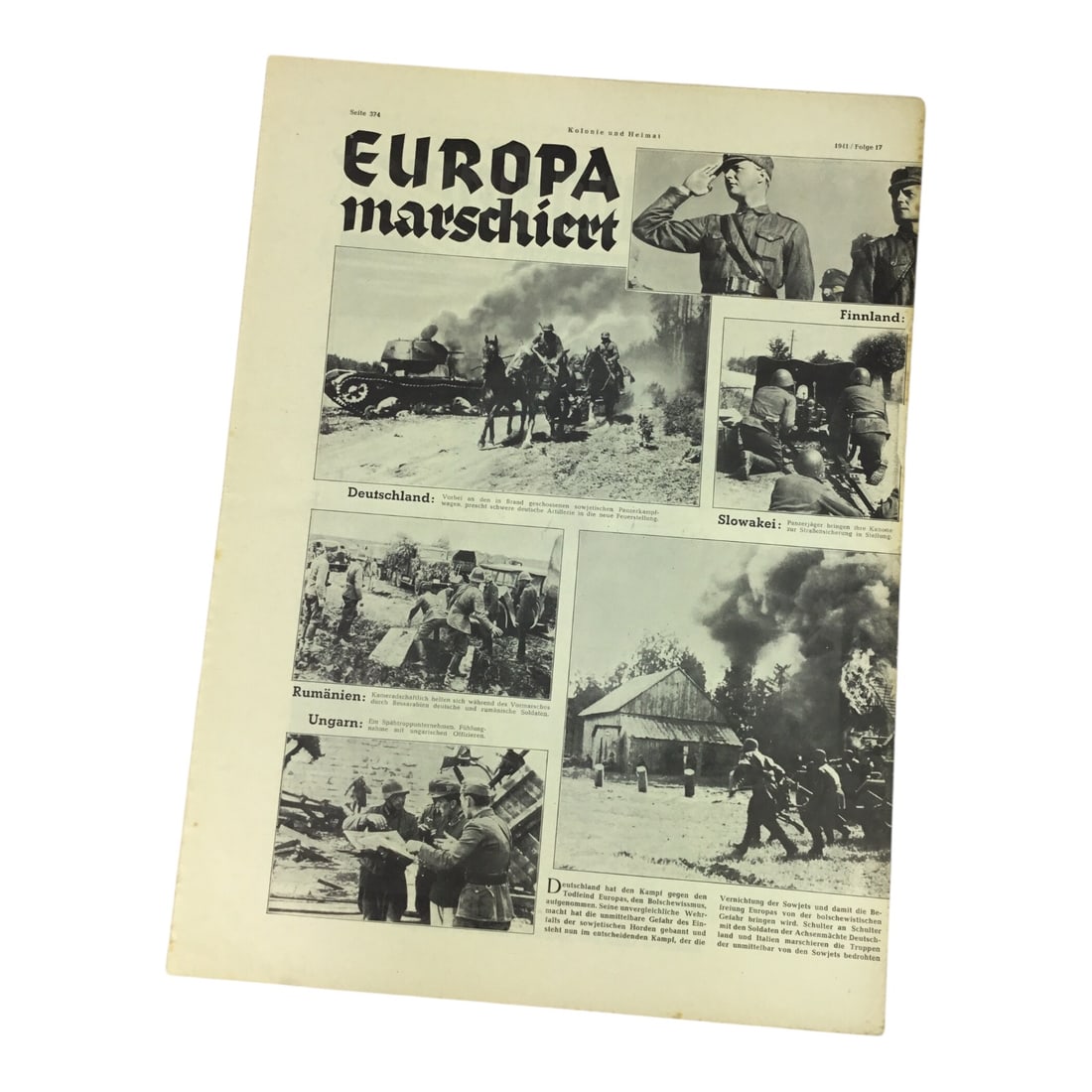 German Propaganda Newspaper "Europa marschiert" (Europe Marches), 1941: This original German WWII propaganda newspaper titled "EUROPA marschiert" dates to 1941 and is a powerful example of wartime ideological print material. The publication features period photographs and