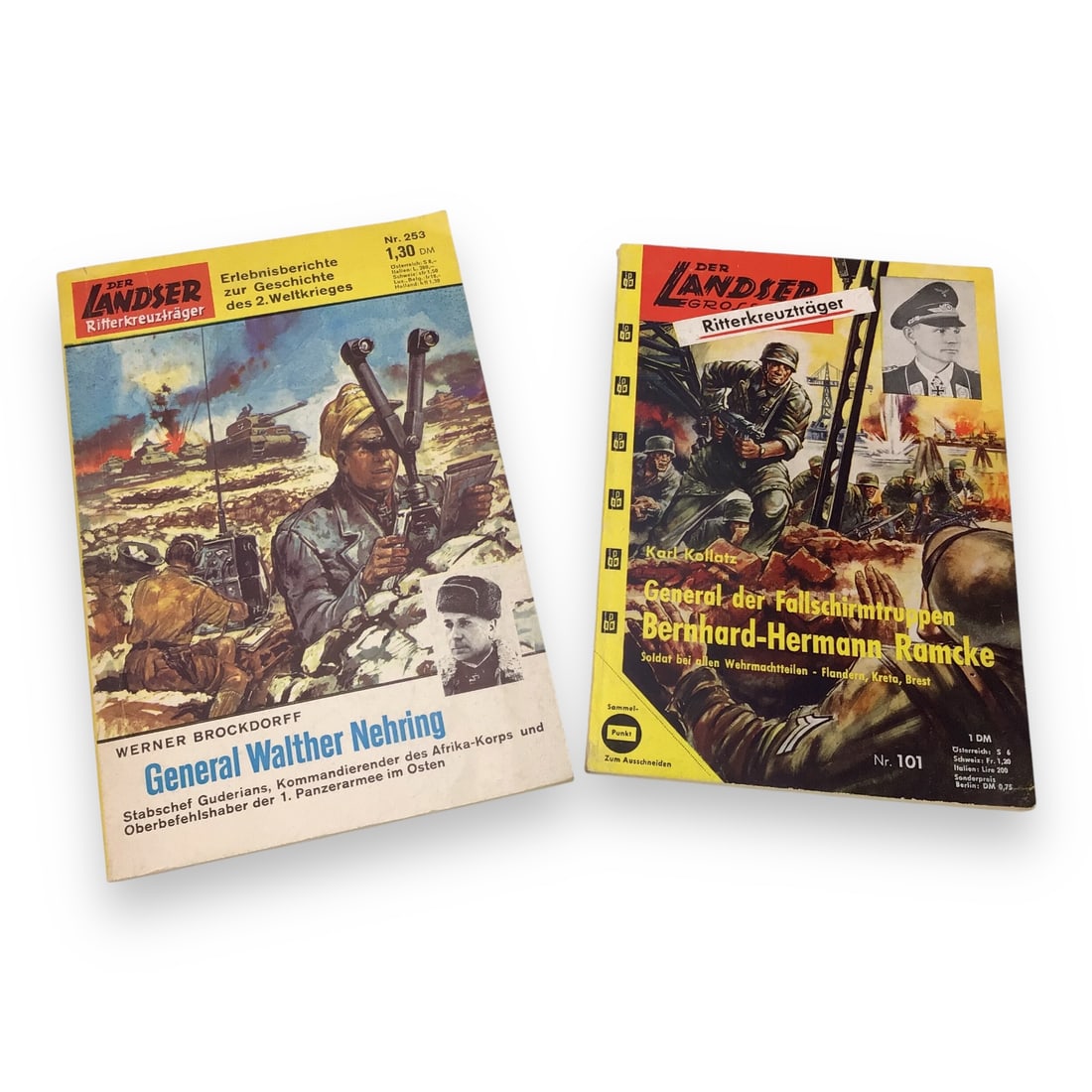 Two Original Der Landser WW2 German Combat Paperbacks | Featuring Generals Nehring & Ramcke: This lot consists of two original World War II-era German paperback books from the renowned Der Landser series, a publication line dedicated to frontline combat narratives and military-themed storytel