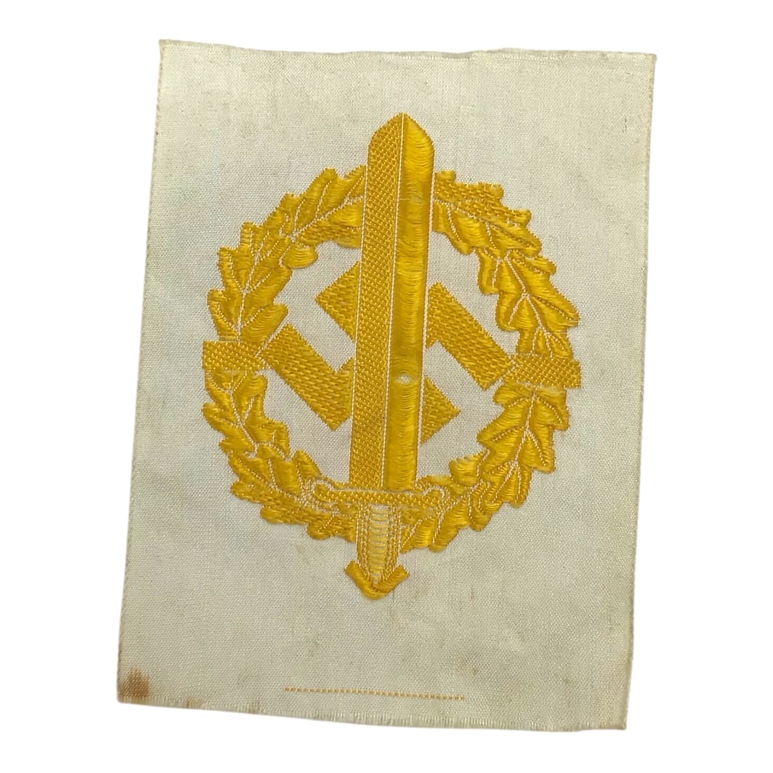 German WW2 Stormtrooper Gold Grade SA Sports Cloth Badge - UnIssued!: This exceptional German WWII SA Gold Grade Sports cloth badge is an unissued example in outstanding condition, featuring beautiful and finely detailed gold embroidery on a white silk background. The b