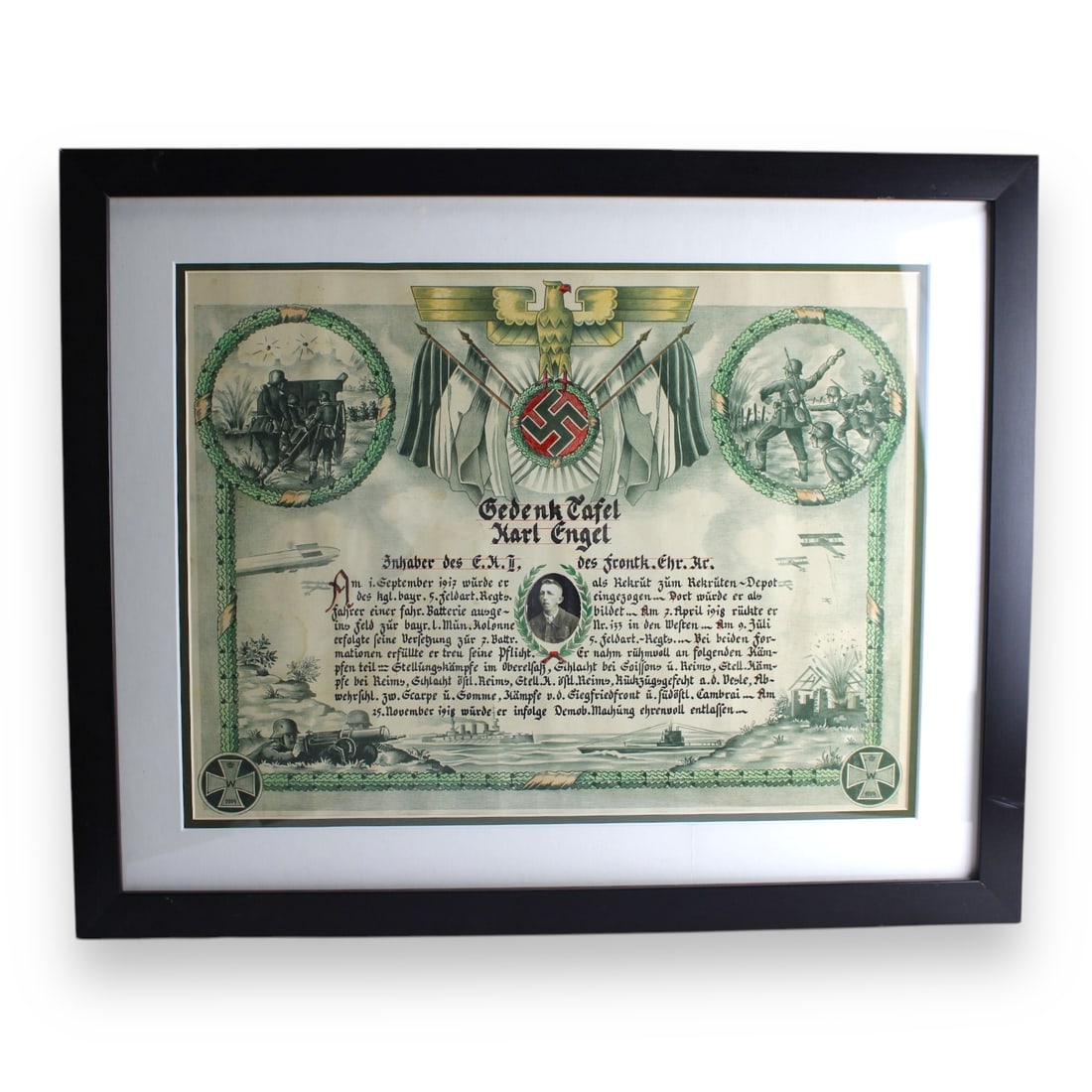 German WW1 Memorial Table Document for Karl Engel, WW1 Veteran & WW2 Iron Cross Winner!: This Memorial Table Document honors the wartime service of Karl Engel, a WWI veteran and recipient of the WWII Iron Cross 2nd Class. The document details Engel's heroic actions from 1917 to 1918, high