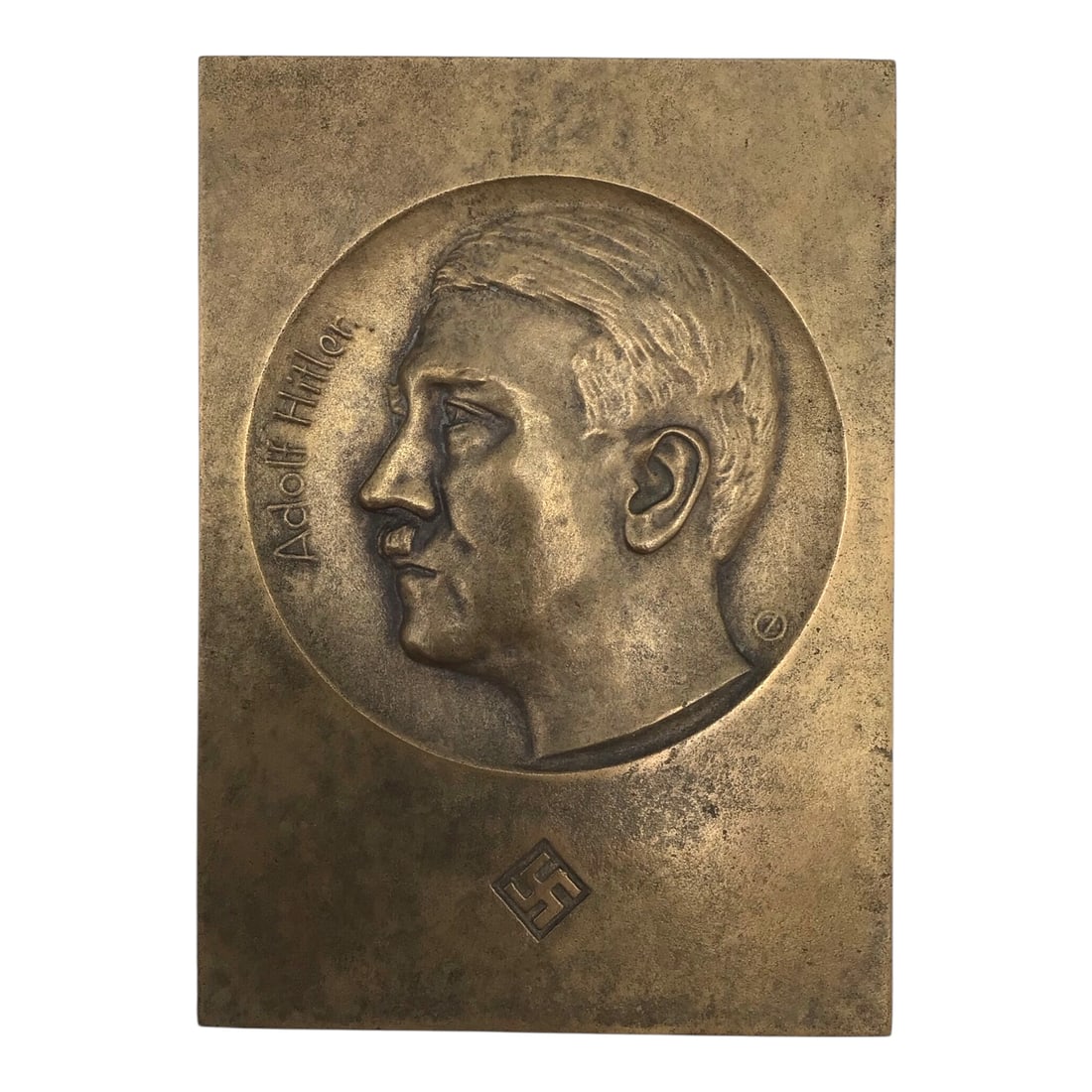 German Adolf Hitler Bronze Presentation Display Plaque Early War Example - WW2: This substantial German WWII Adolf Hitler bronze presentation display plaque is an early war example cast in bronze rather than later pot metal. The plaque exhibits crisp detail and strong relief, wit