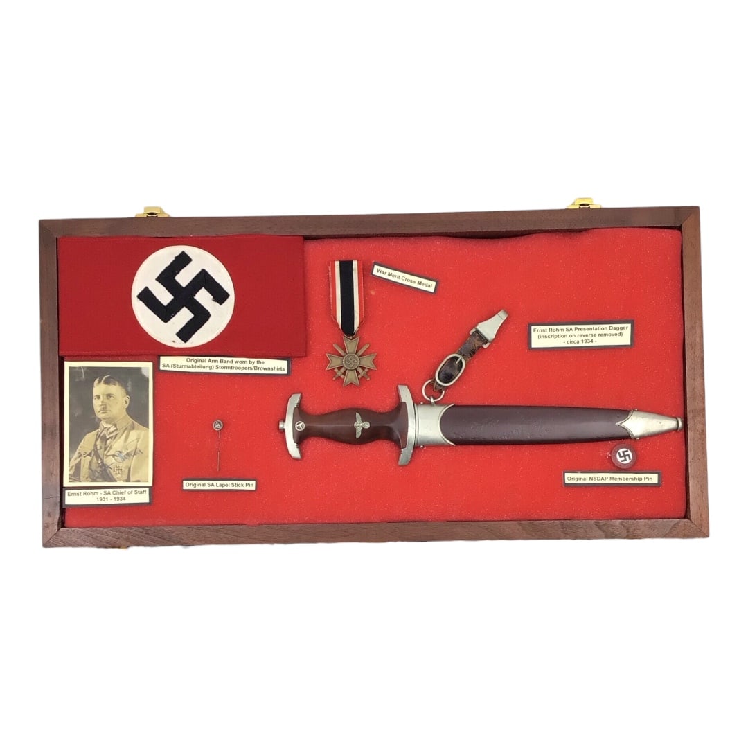 Exceptional Full Ground Rohm SA Dagger Display with Wartime SA Collection - WW2 Museum Piece!: This grouping includes an early M1933 Sturmabteilung (SA) dagger by J.A. Henckels, Solingen, with the Rohm dedication ground off. The dagger features its original scabbard and a period SA hanger clip