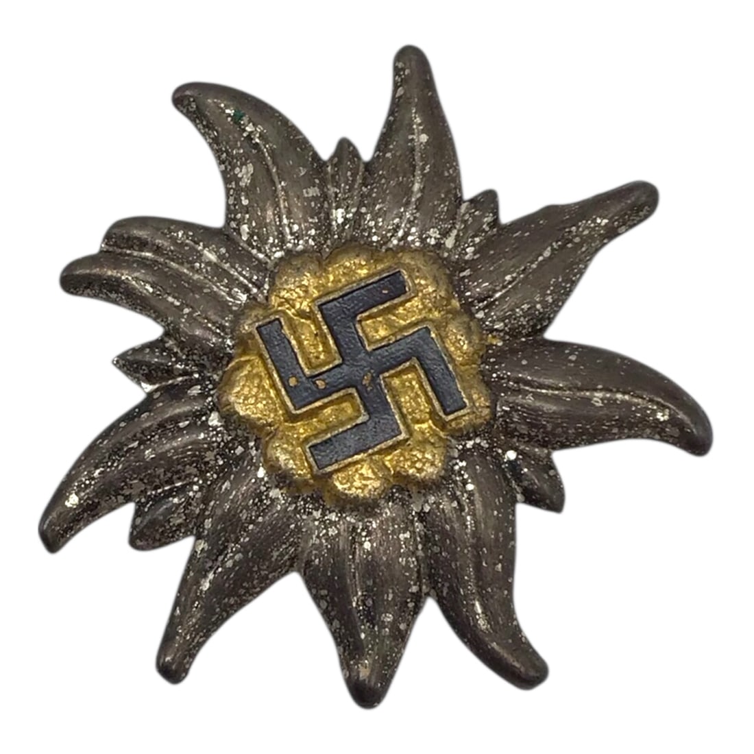 Rare German NSDAP Brownshirts SA Gruppe Hochland Edelweiss Cap Badge RZM Marked: This original German NSDAP SA Gruppe Hochland Edelweiss cap badge is a rare and desirable political insignia example manufactured in silvered and gilt Tombac. The badge is of one-piece construction an